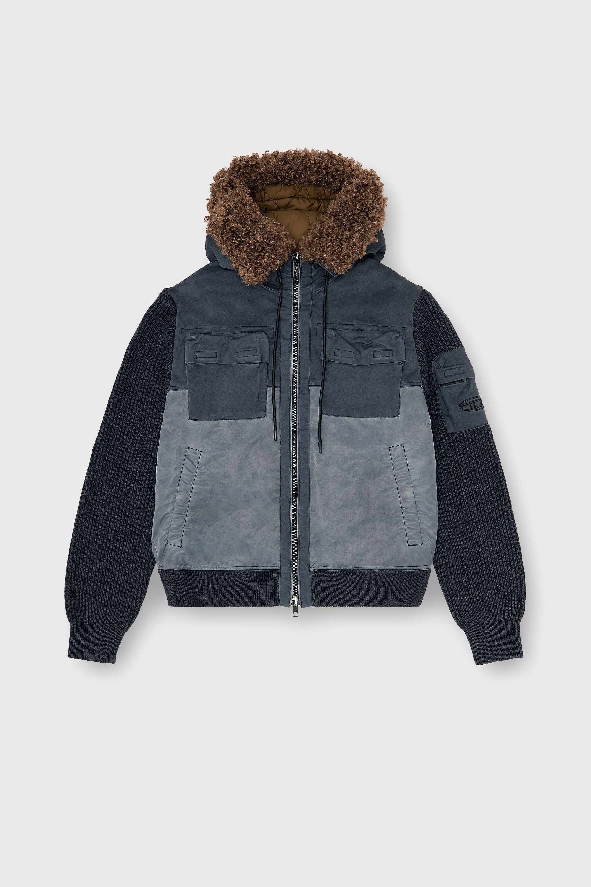 Diesel - W-DELLS, Man's Hooded padded jacket with knitted sleeves in Dark Blue - 2