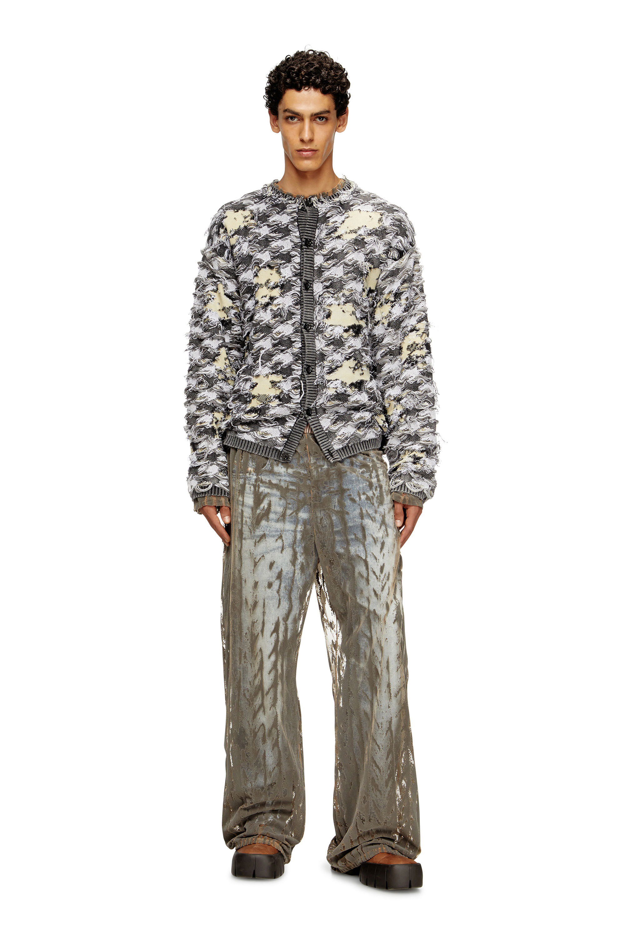 Diesel - K-VALBOR, Man's Cardigan in devoré houndstooth jacquard in Grey/White - 1