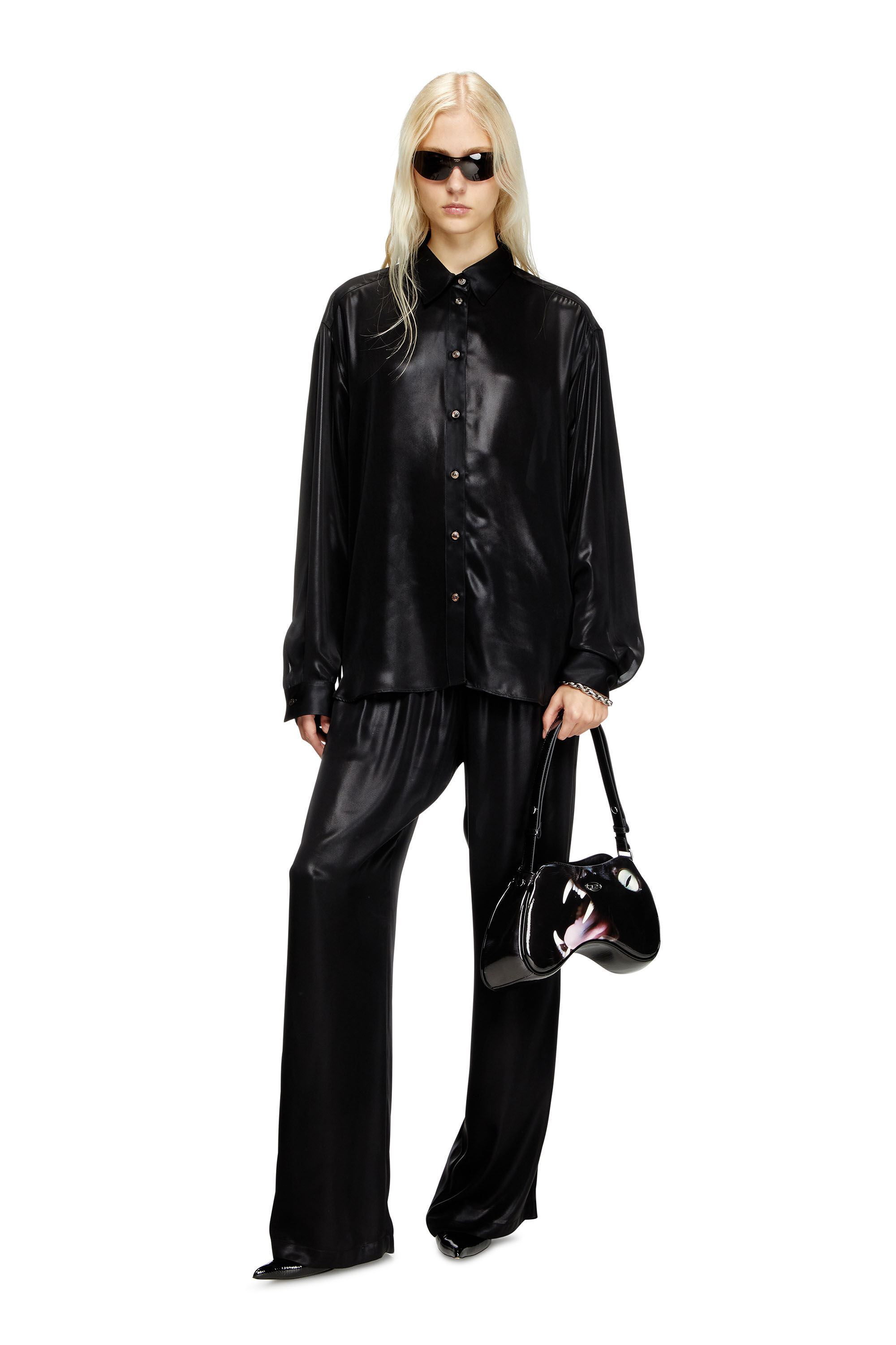 Diesel - S-SIMPLY-C-WN-Q1, Woman's Fluid shirt in laminated fabric in Black - 1