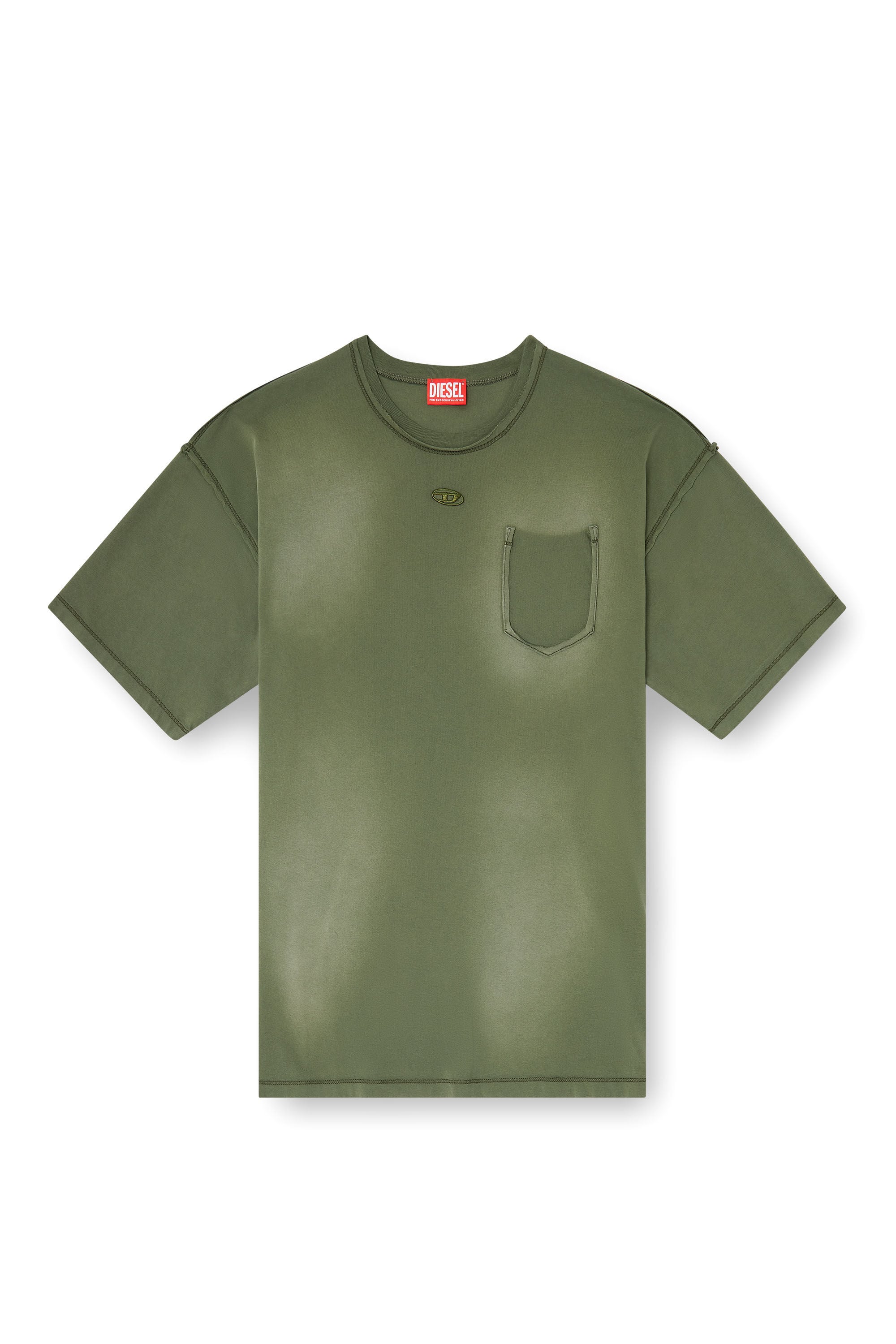 Diesel - T-POCK, Man's Faded T-shirt with ripped pocket detail in Green - 2