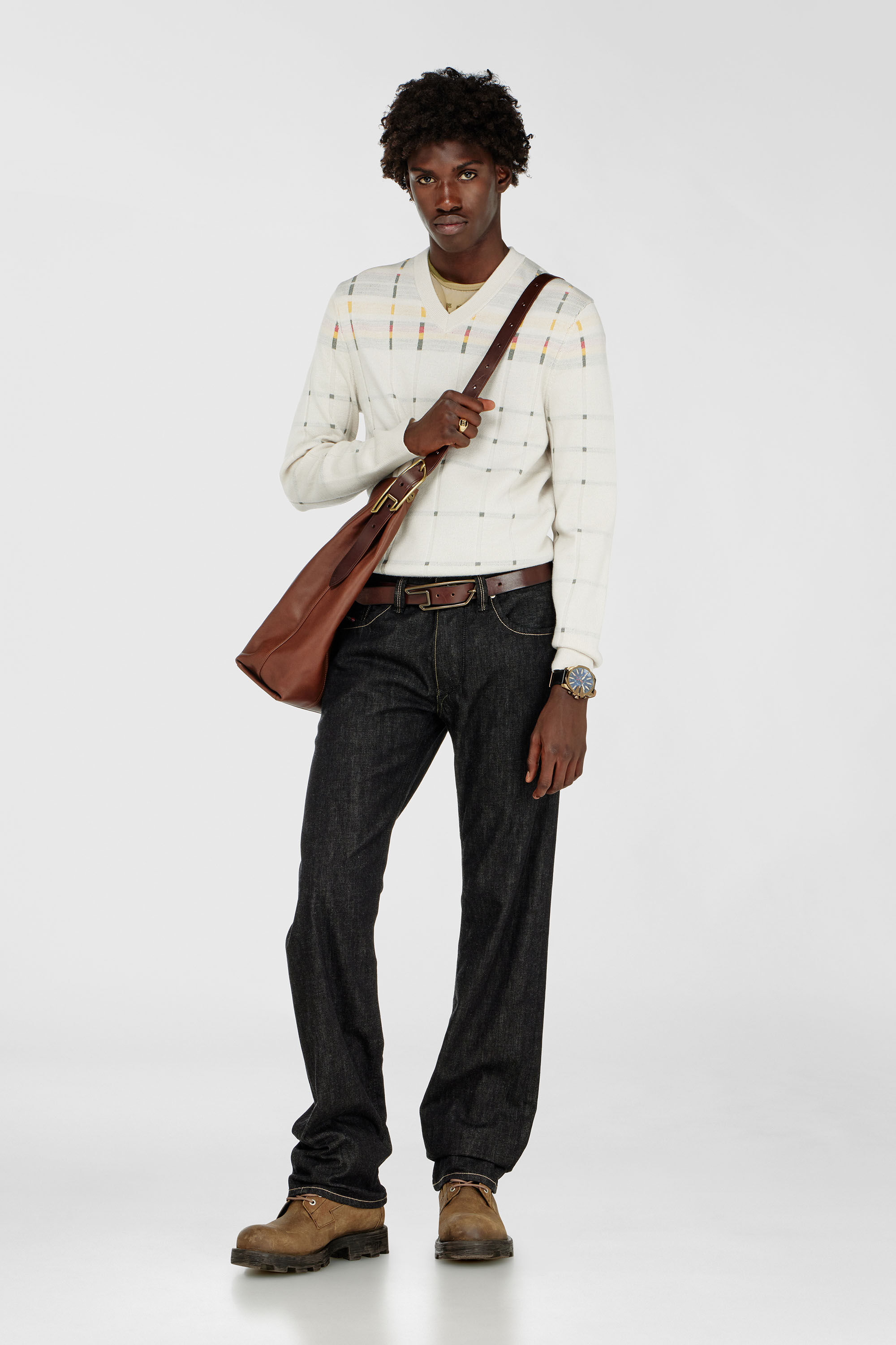 Diesel - K-ROENO, Man's Wool V-neck jumper with check effect in White - 1