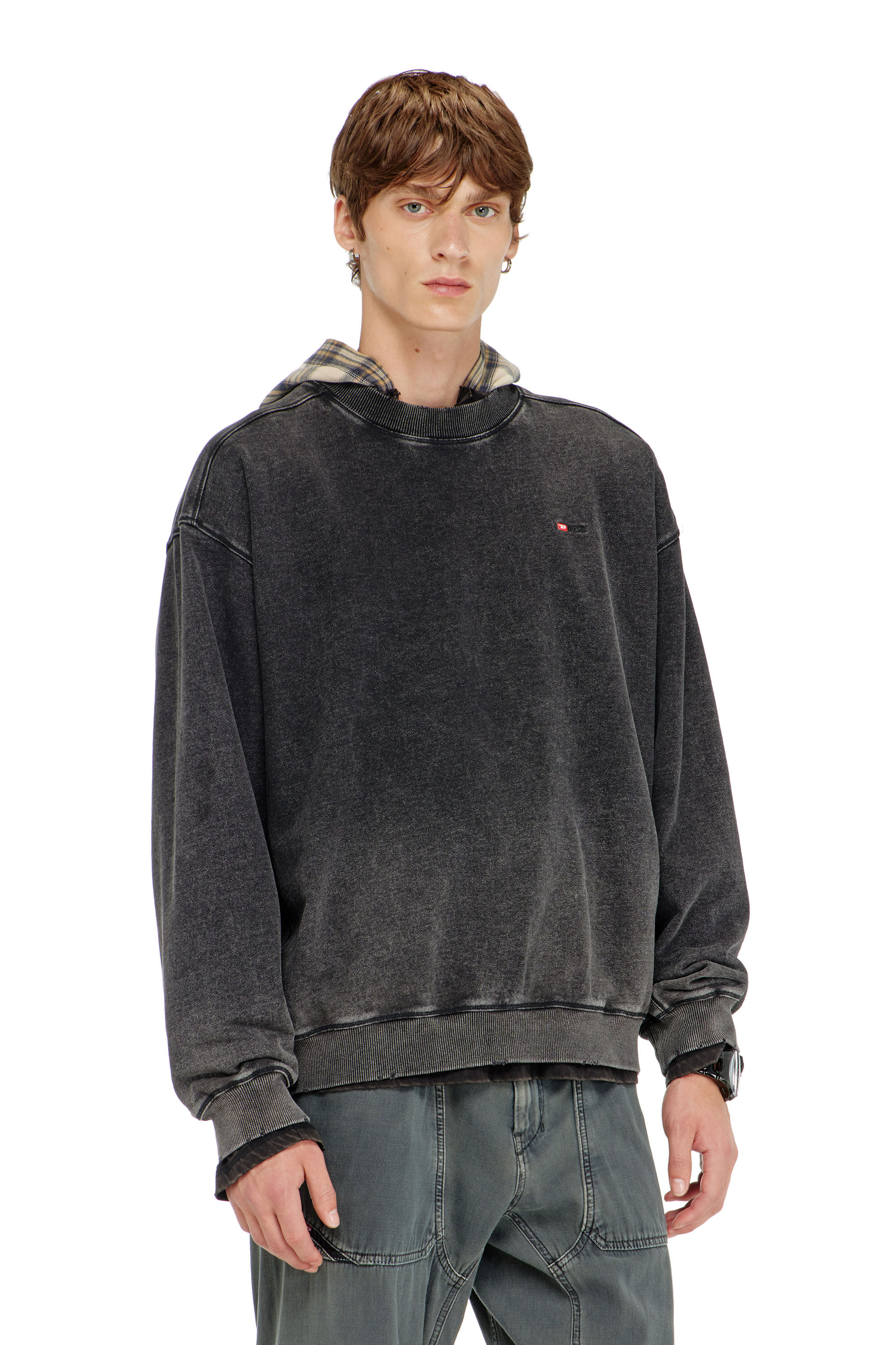 Diesel - S-CROX, Man's Cotton sweatshirt with faded effect in Dark grey - 3