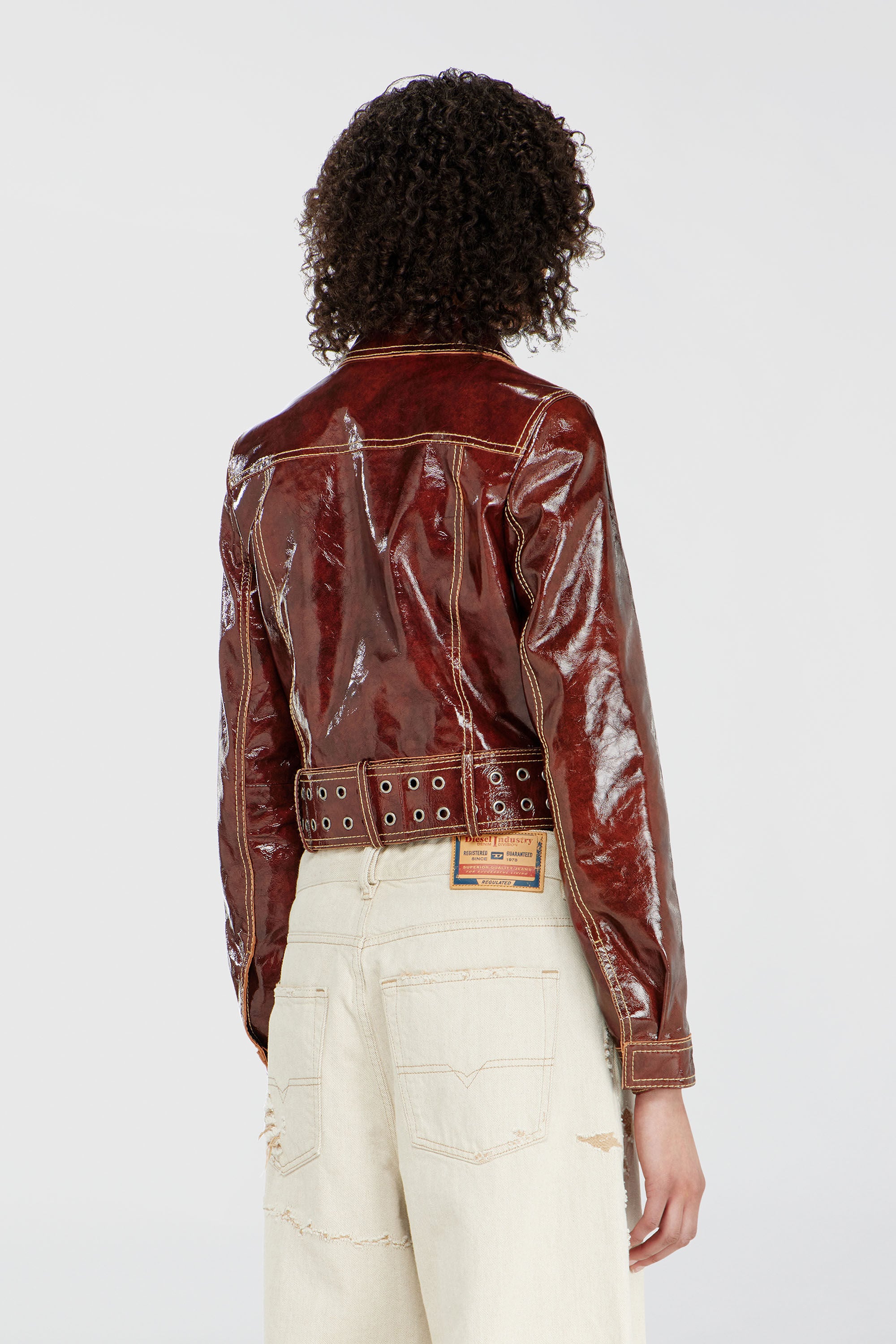 Diesel - L-EGEND, Woman's Patent-leather jacket with large belt in Brown - 4