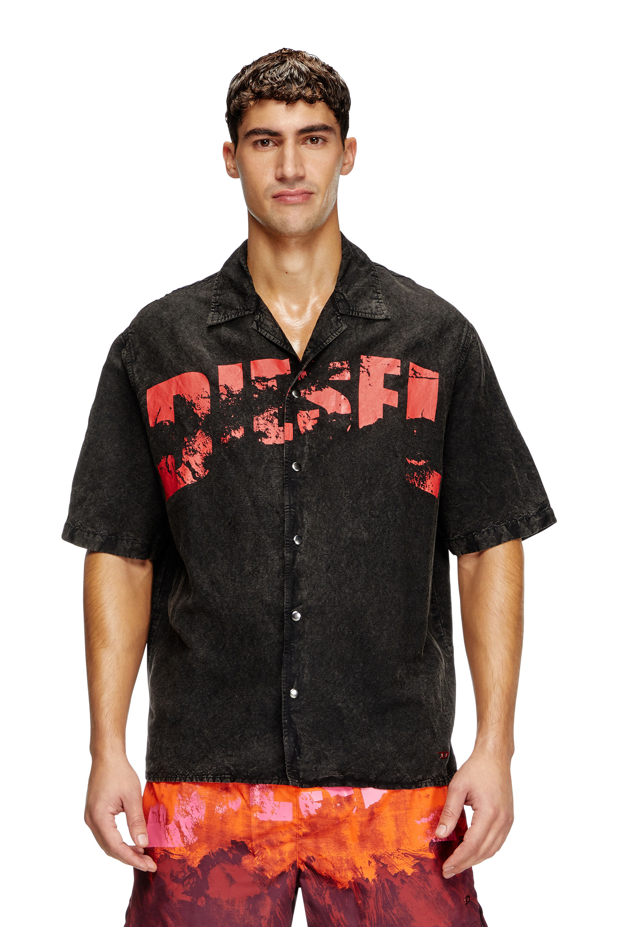*Diesel*チャールズ-D-ポップ プリント ビーチシャツ Men's Beach shirt in linen blend | Red | Diesel