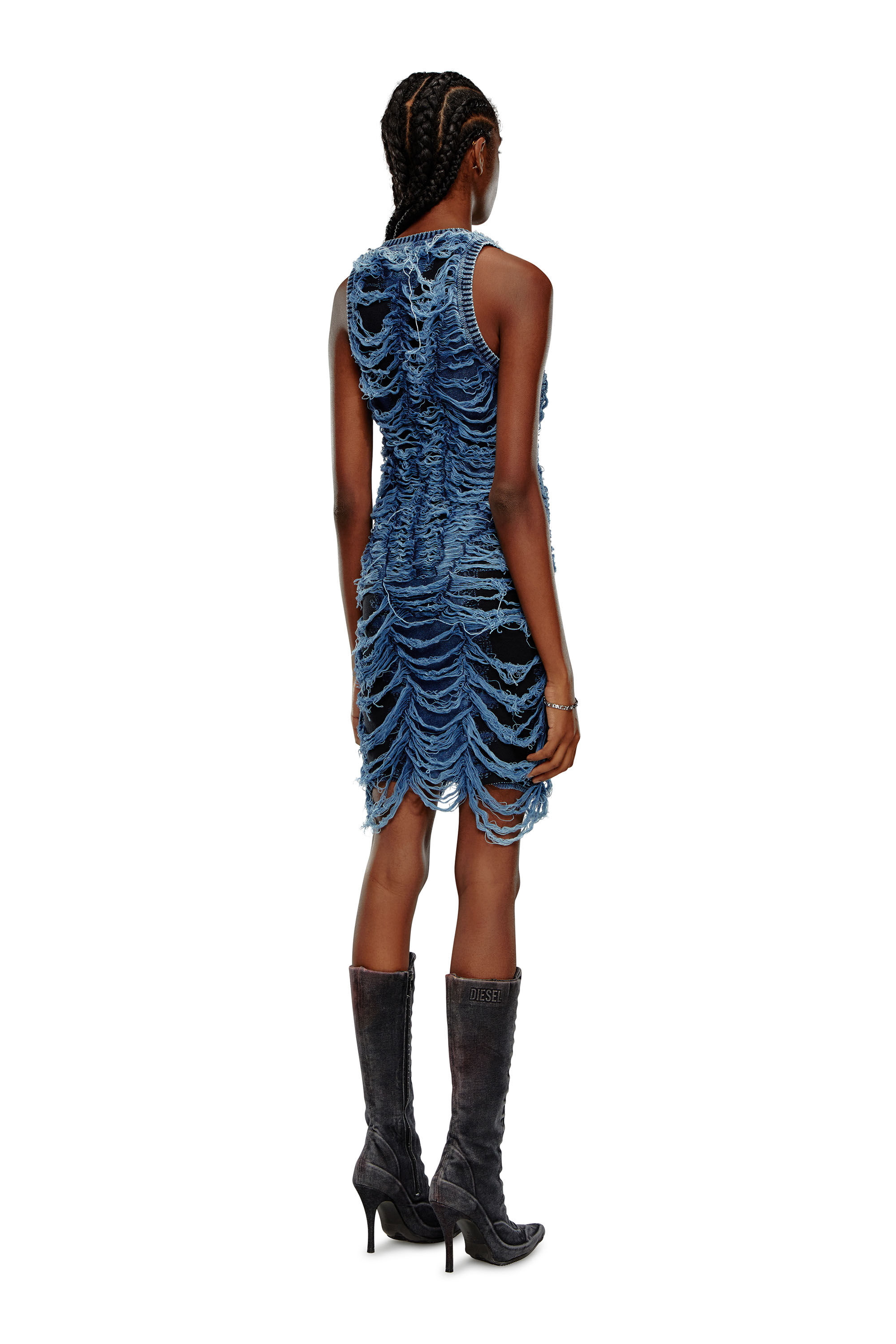 Diesel - M-BIANCA, Woman Short dress in destroyed indigo knit in Blue - Image 3