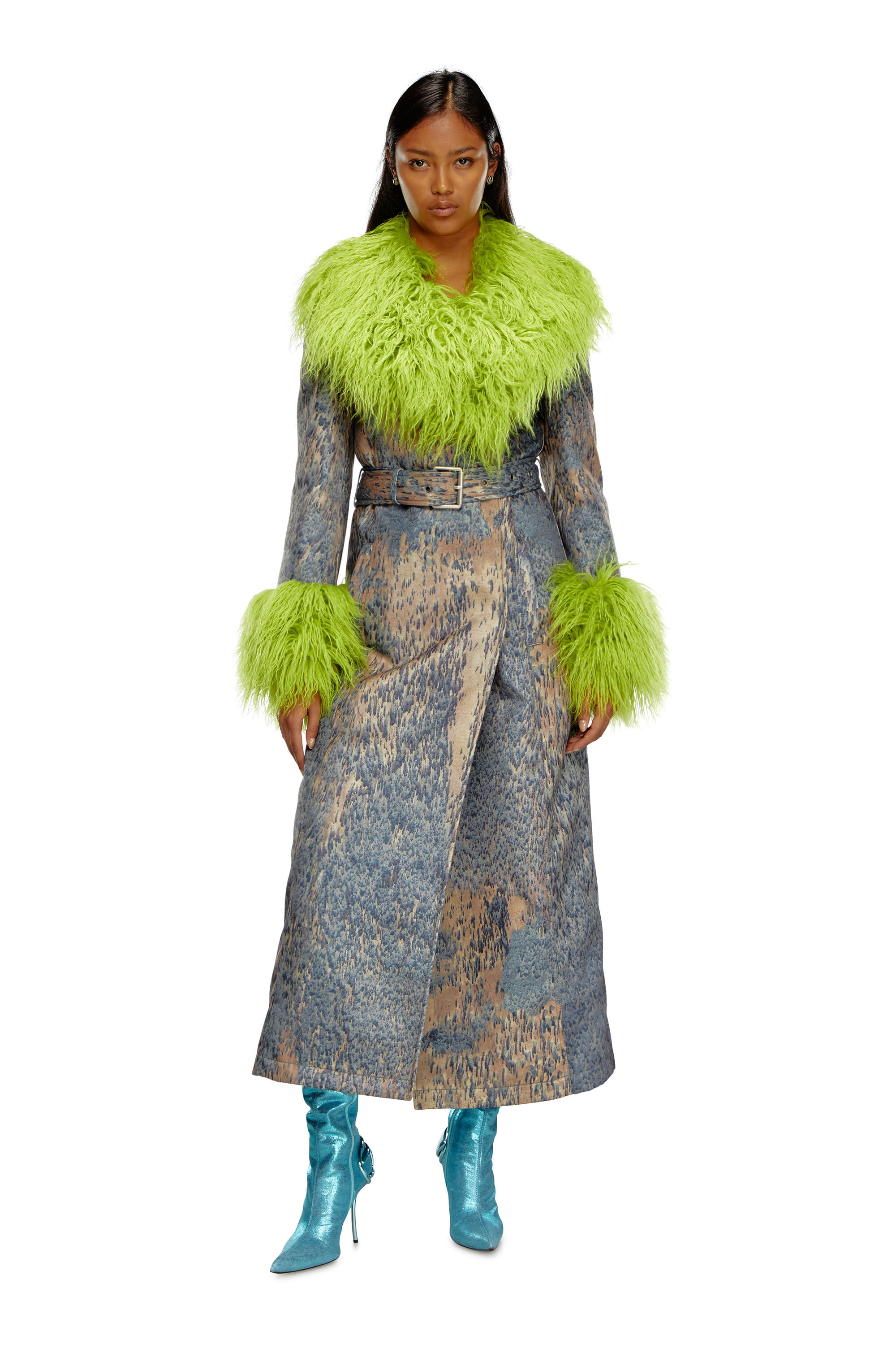 Women s Printed trench coat with shaggy trims Multicolor Diesel