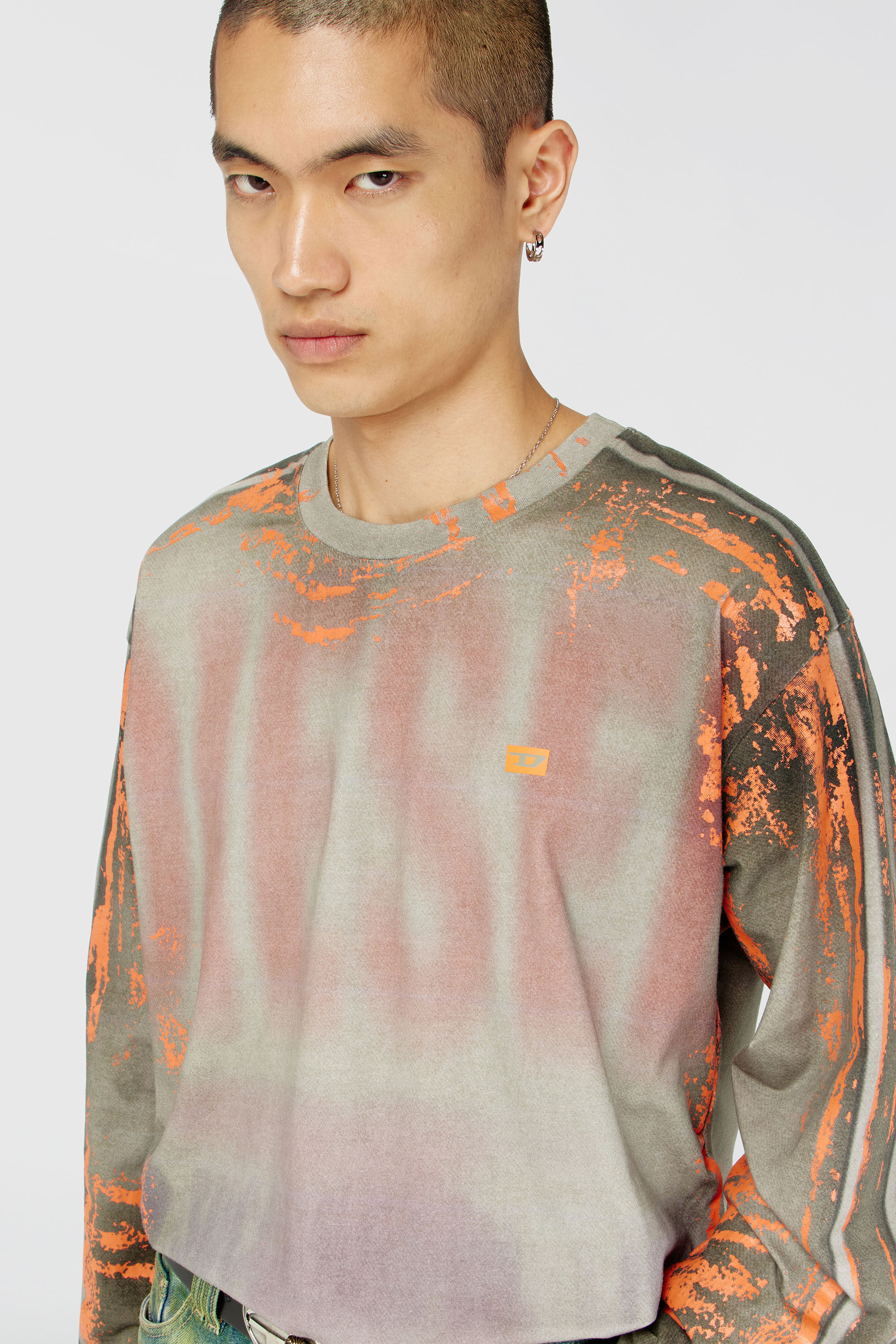 Diesel - T-FILMY, Man's Long-sleeve T-shirt in cracked jersey in Grey/Orange - 5