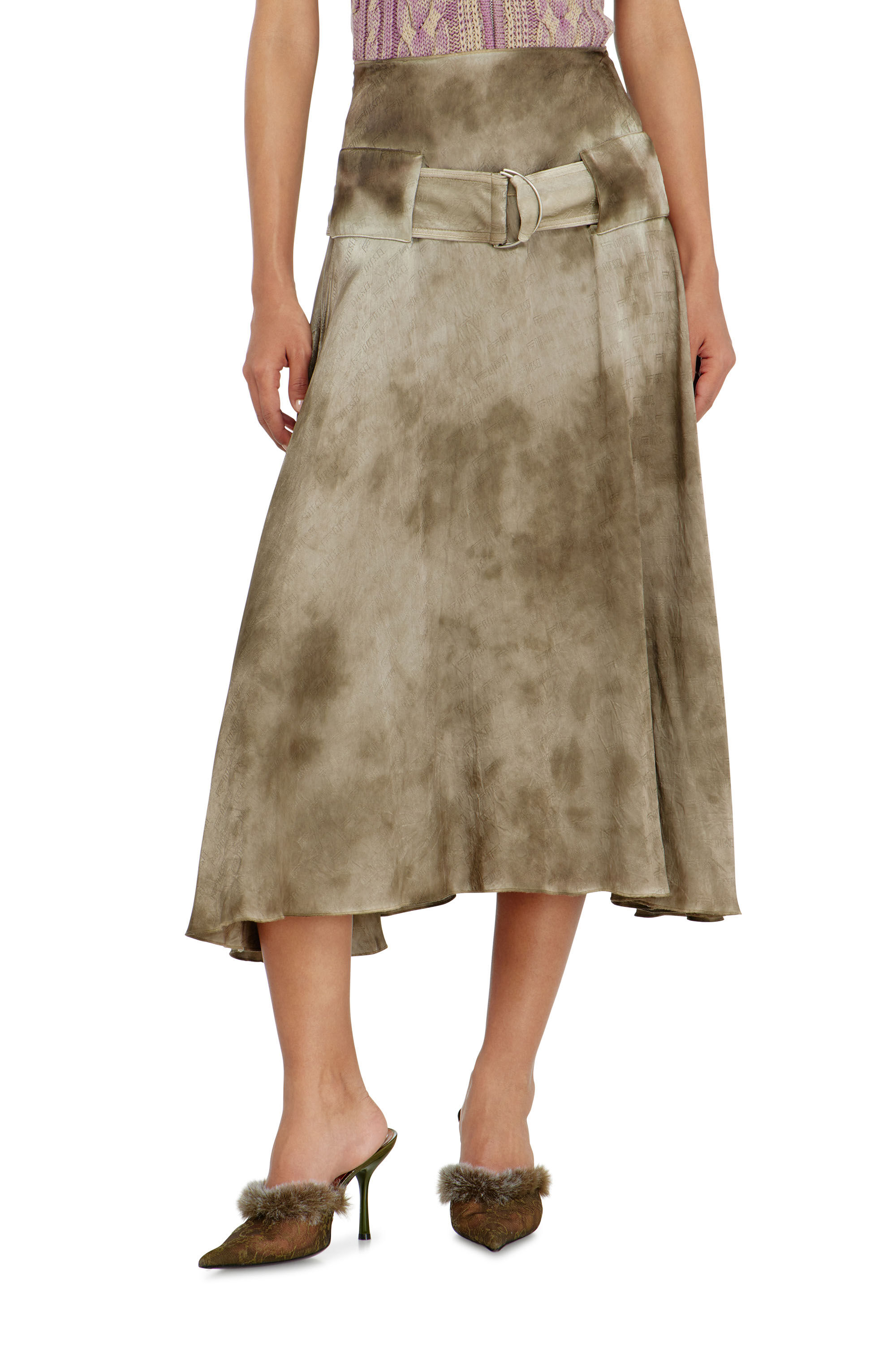 Diesel - O-DYLE, Woman's Belted midi skirt in logo-jacquard satin in null - 3