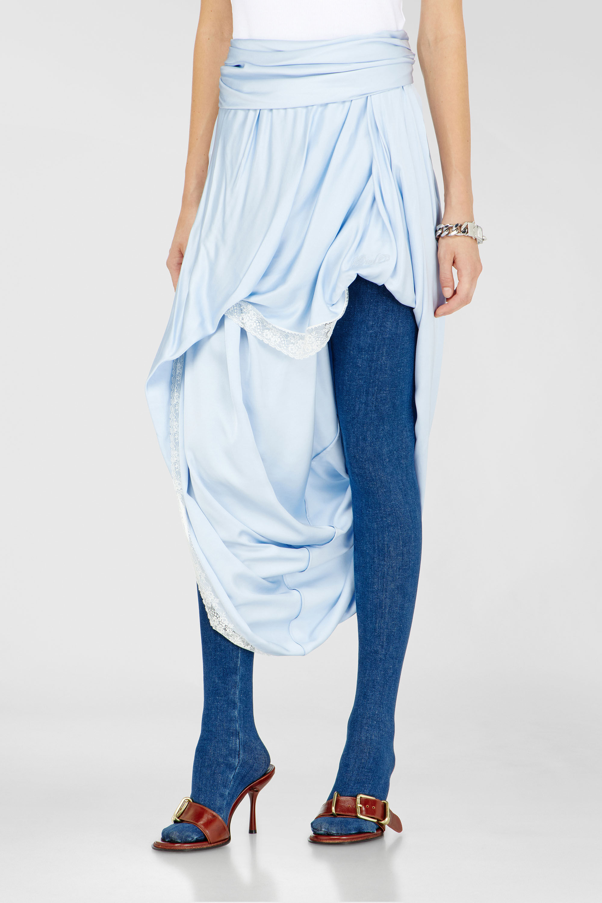 Diesel - O-WANDA, Woman's Draped satin midi skirt with lace trim in Light Blue - 3