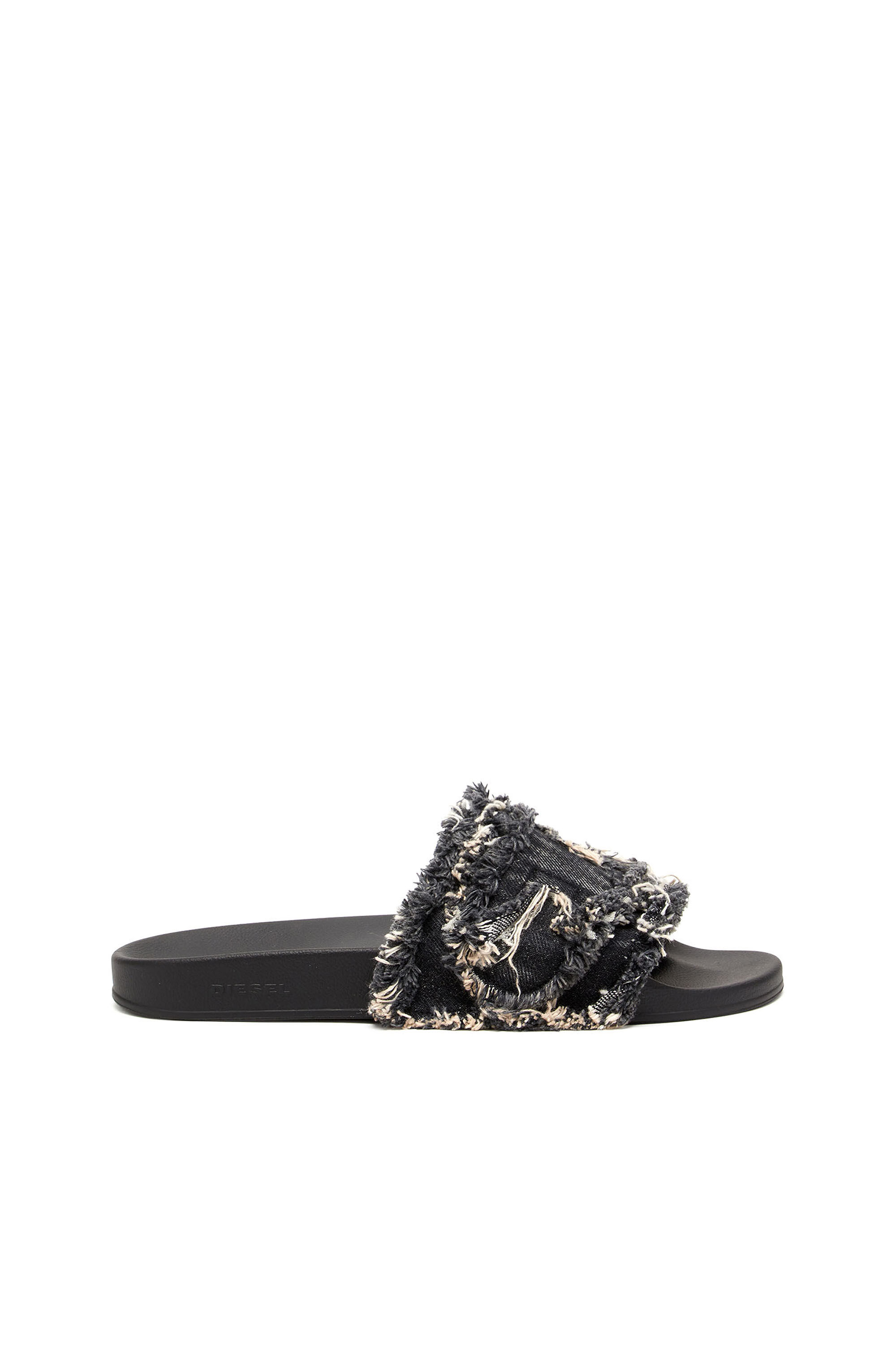 【DIESEL】Sa-Slide D ロゴ フリンジデニム スライド サンダル Women's Sa-Slide D-Fringed denim slides | Black | Diesel
