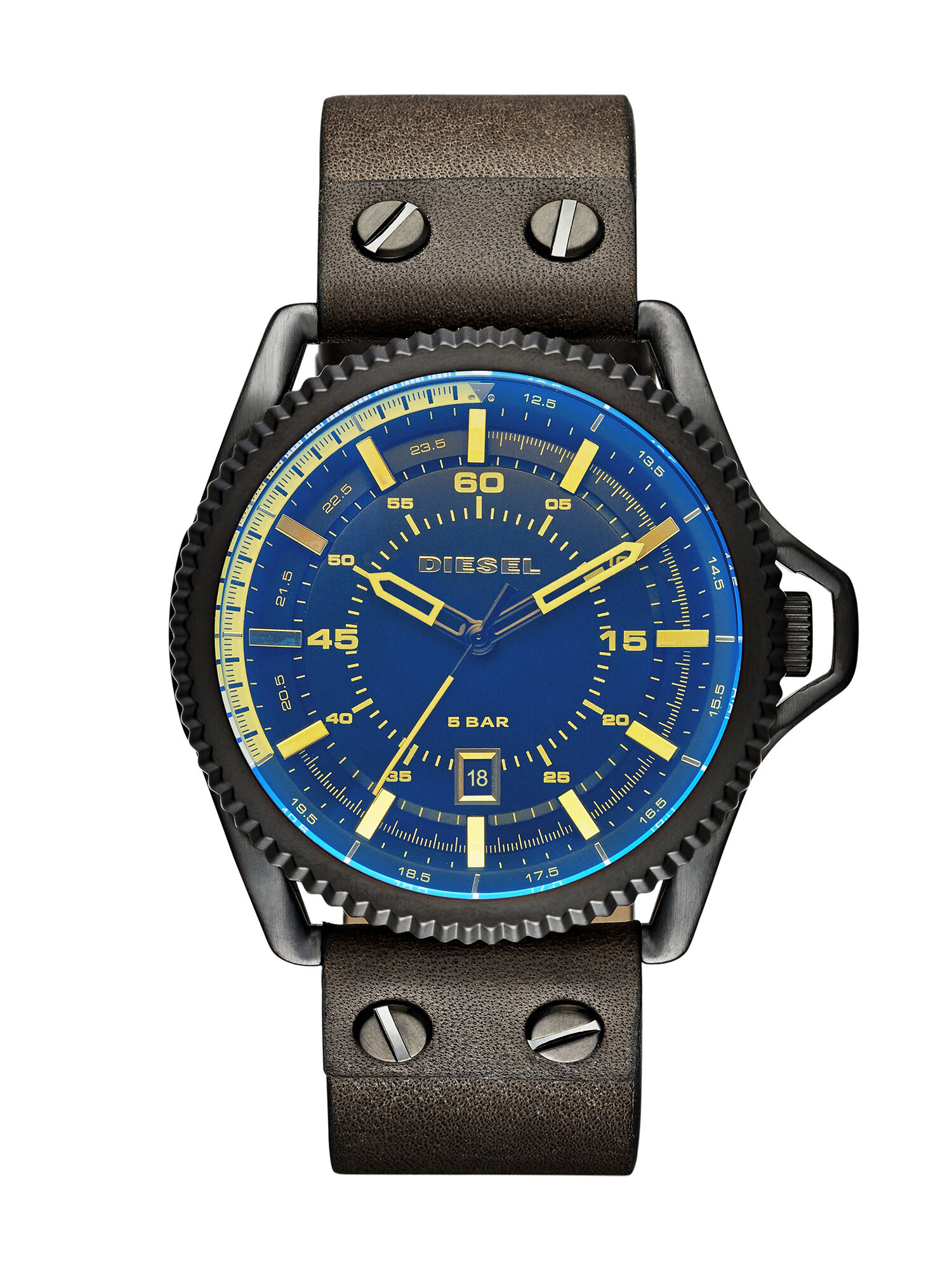 Diesel - DZ1718 ROLLCAGE, Man's Leather watch with three-hand dial, 46 mm in Dark Brown - 1