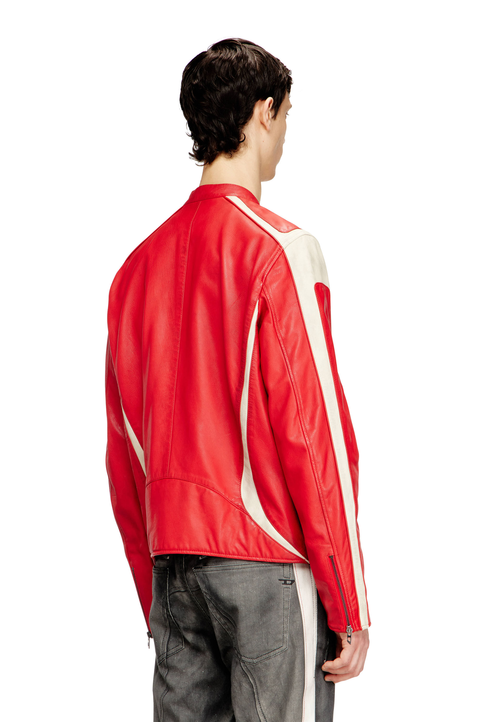 Diesel - L-ADAM, Man's Colour-block leather biker jacket in Red/White - 4
