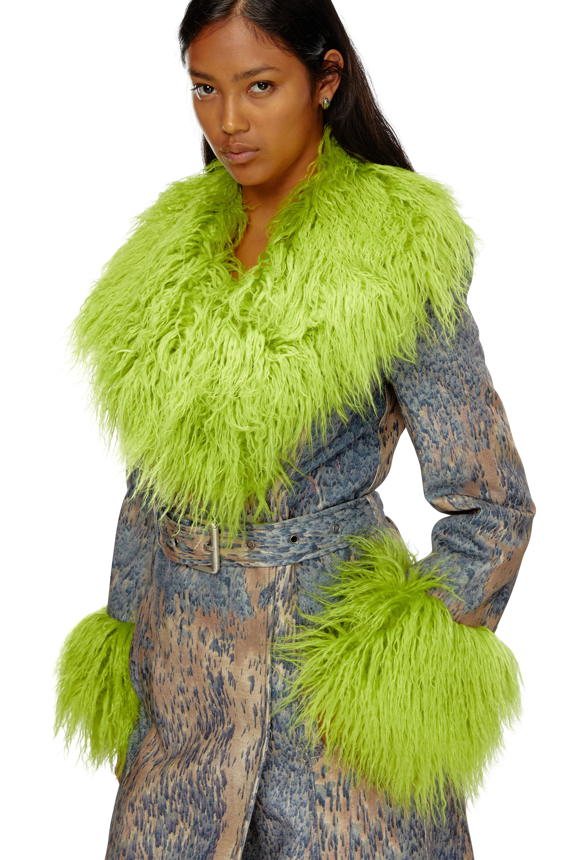 Women s Printed trench coat with shaggy trims Multicolor Diesel