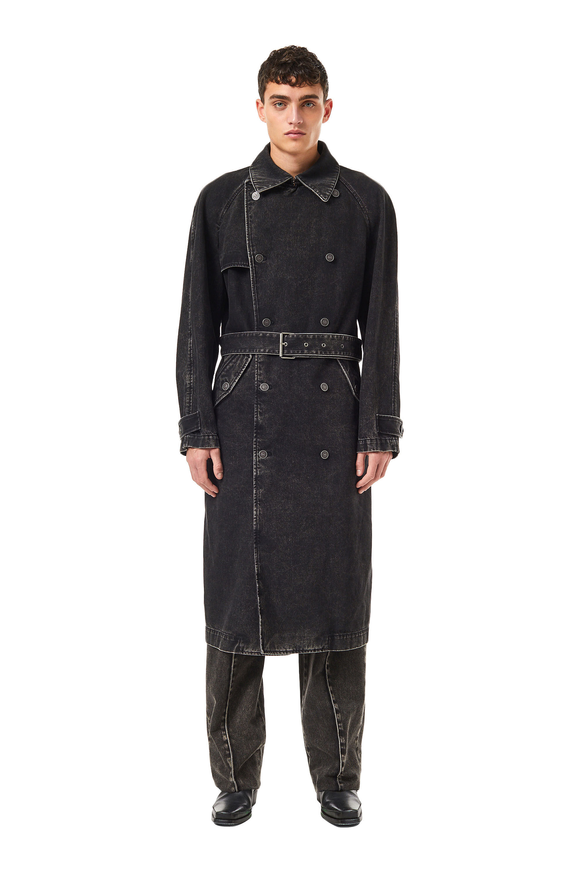 Black denim shop trench coat