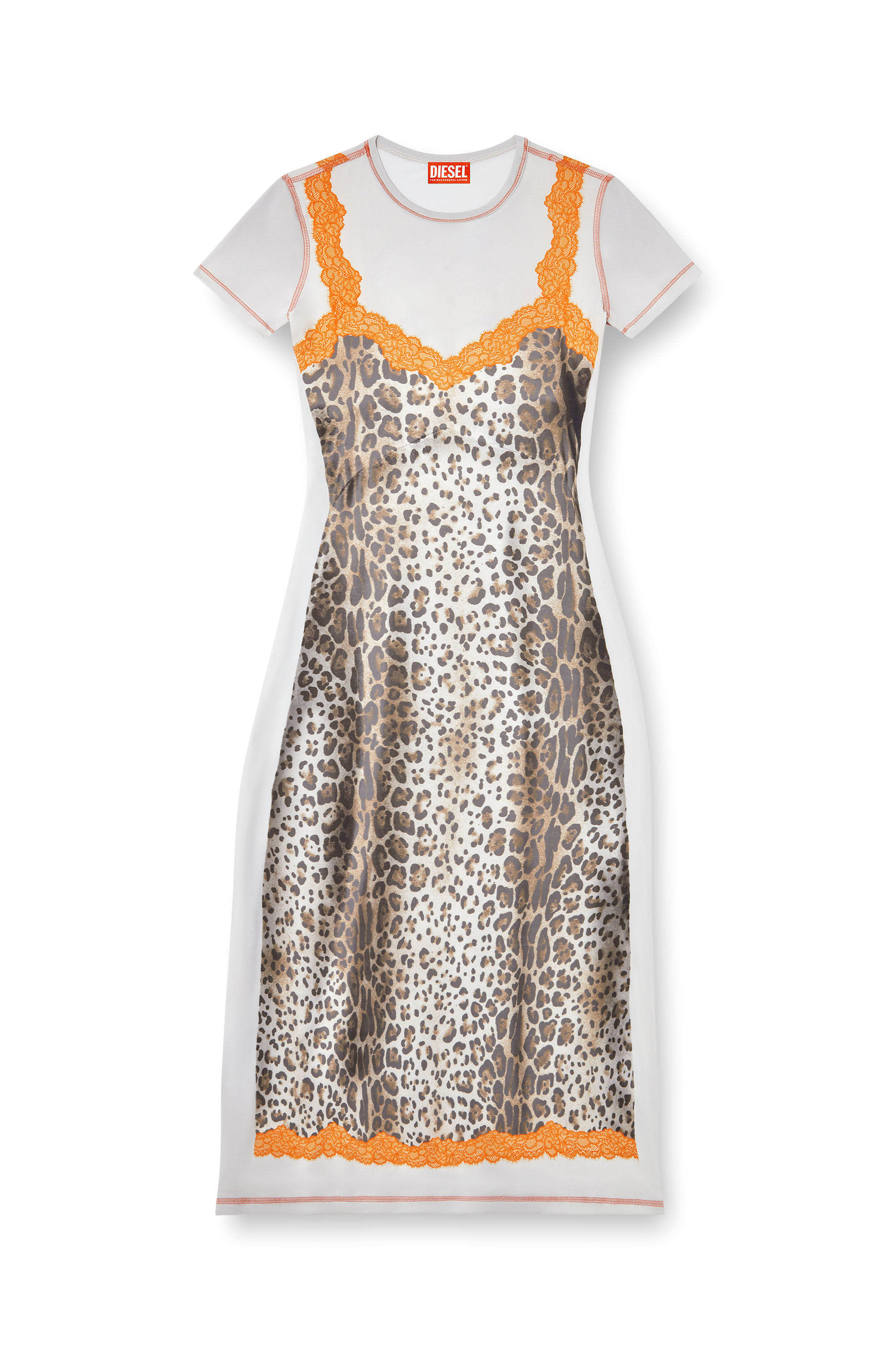 Diesel - D-ILE, Woman's Midi dress with trompe l'oeil slip in Brown/White - 2
