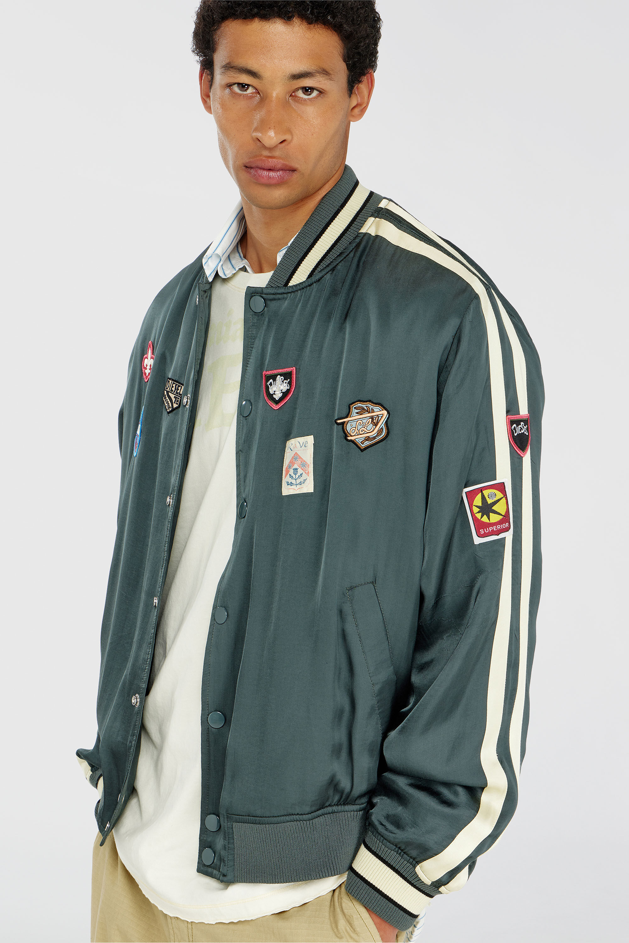 Diesel - J-ANNU, Man's Satin bomber jacket with patches in Dark Green - 5