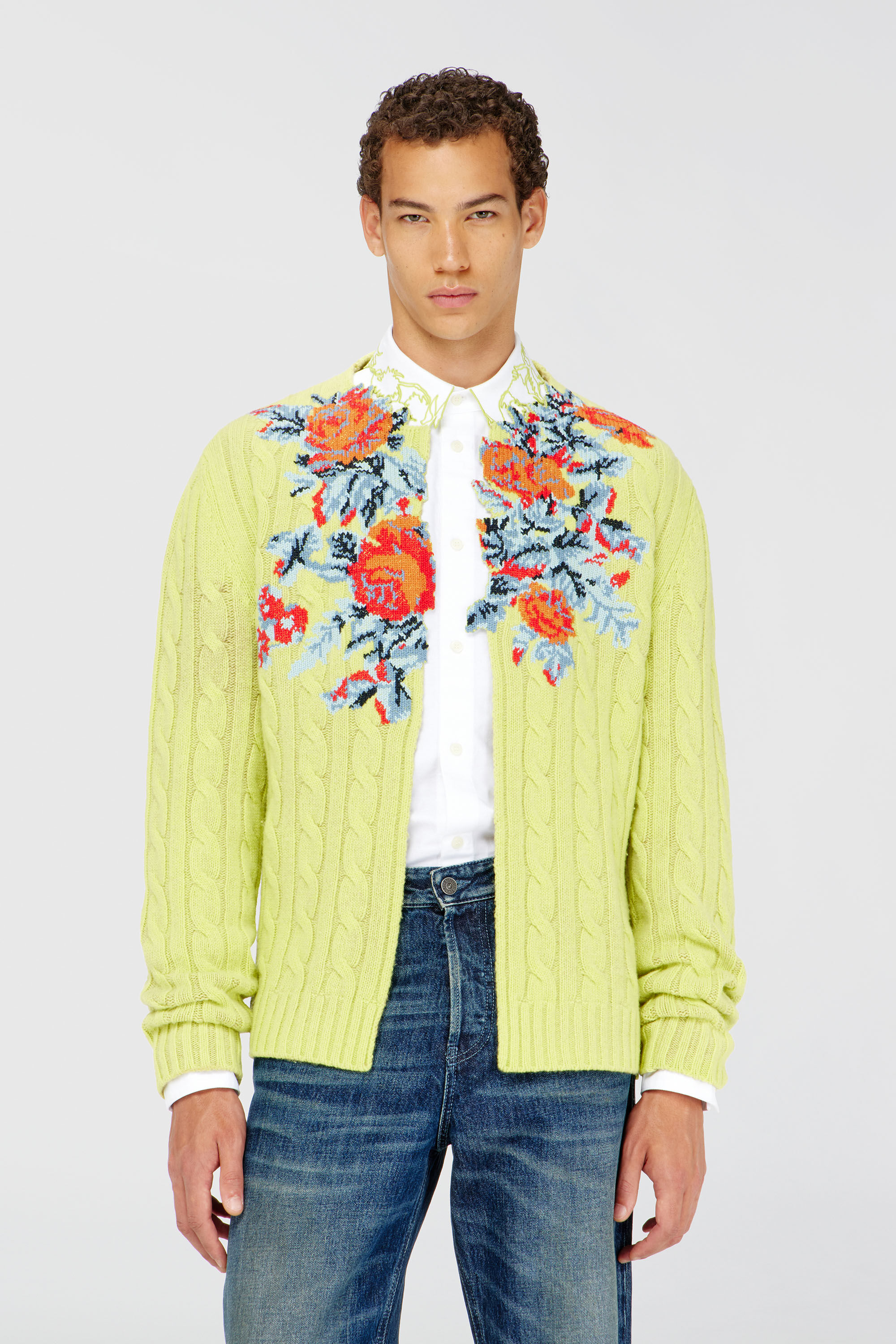 Diesel - K-RINO, Man's Open-front cardigan in floral cable knit in Yellow Fluo - 3