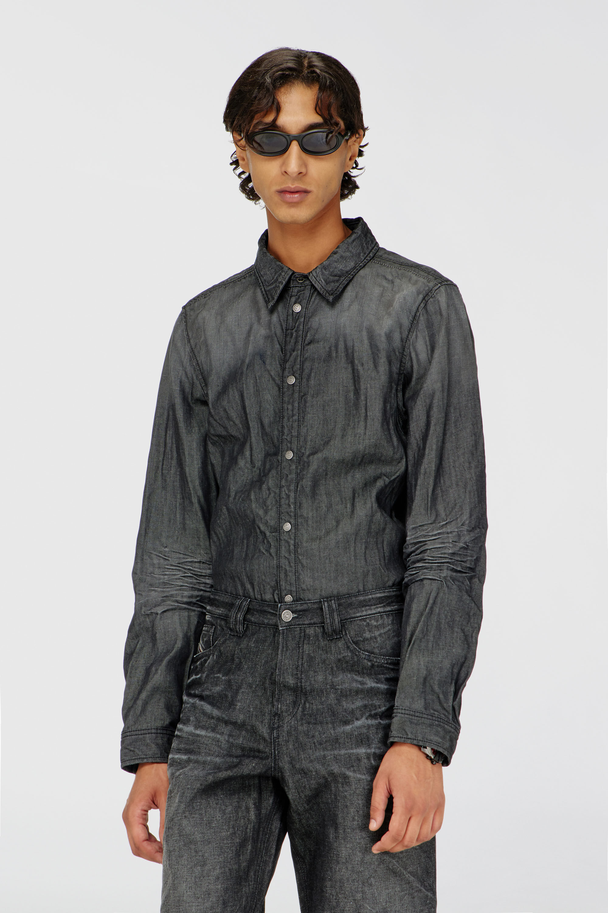 Diesel - D-SYNAR-FSJ2, Man's Shirt in creased denim in Dark grey - 3