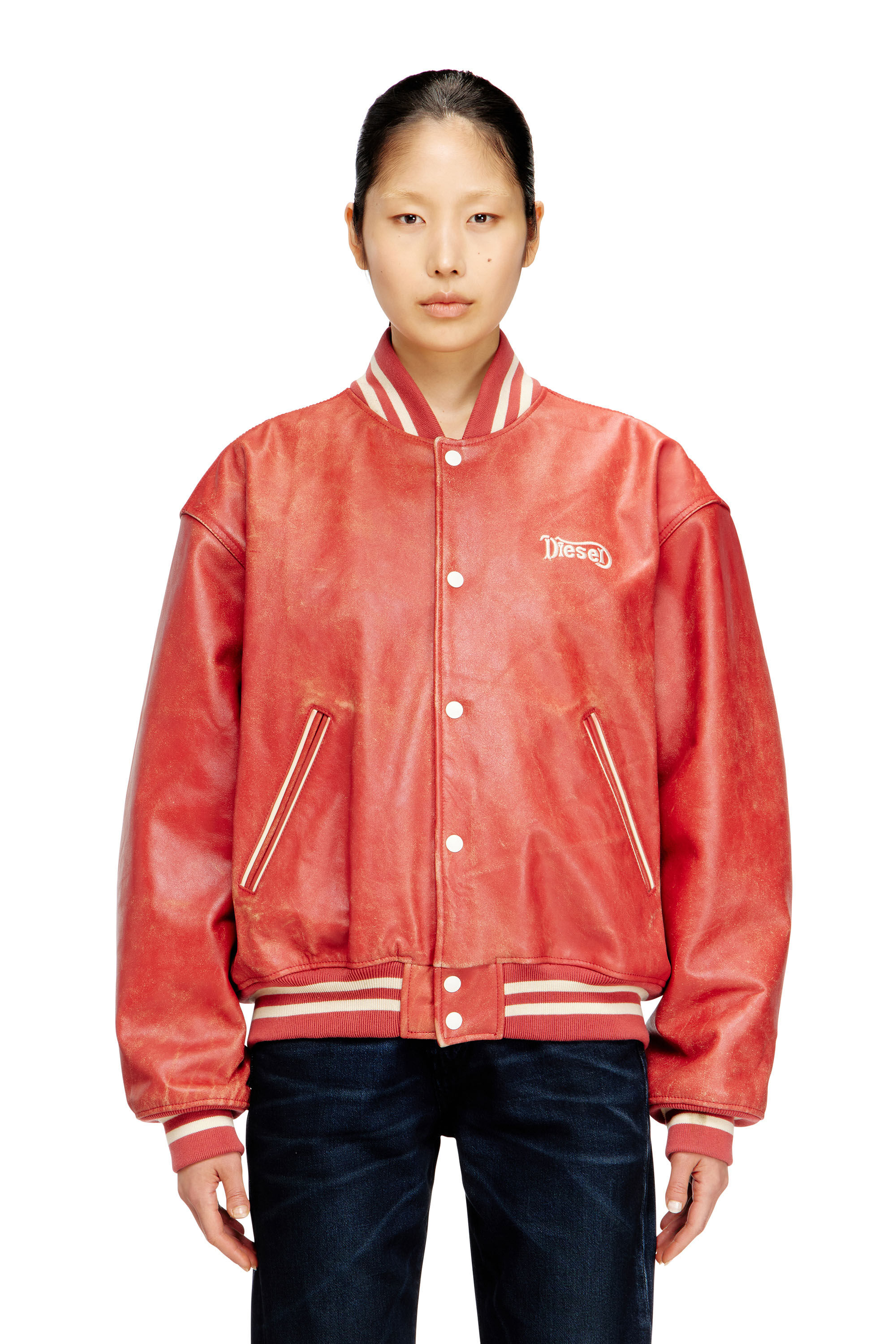 Women's Leather bomber jacket with Diesel logo | Red | Diesel