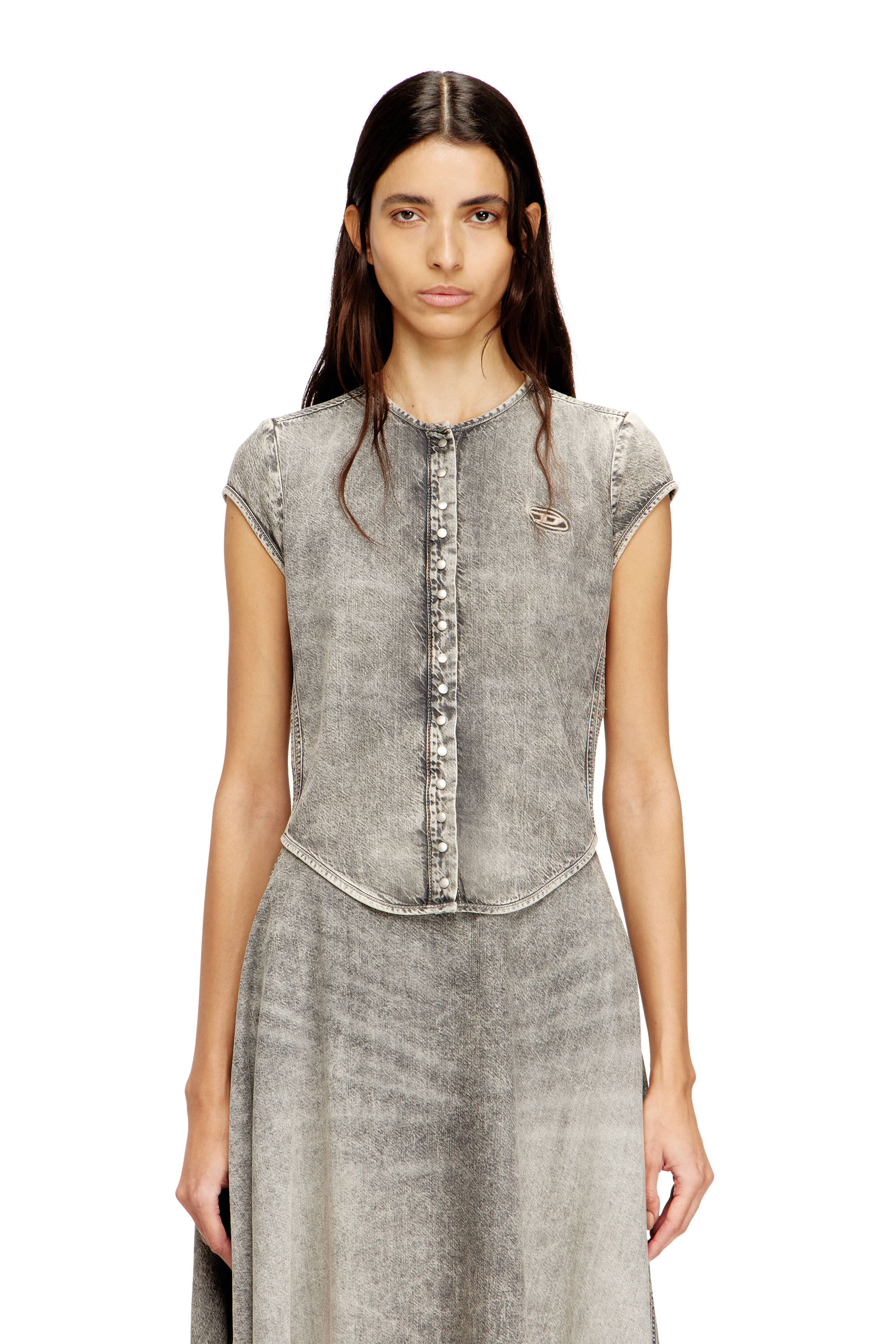 Diesel - DE-ROSET-S, Woman's Short-sleeve denim shirt with athletic stripes in Grey - 3