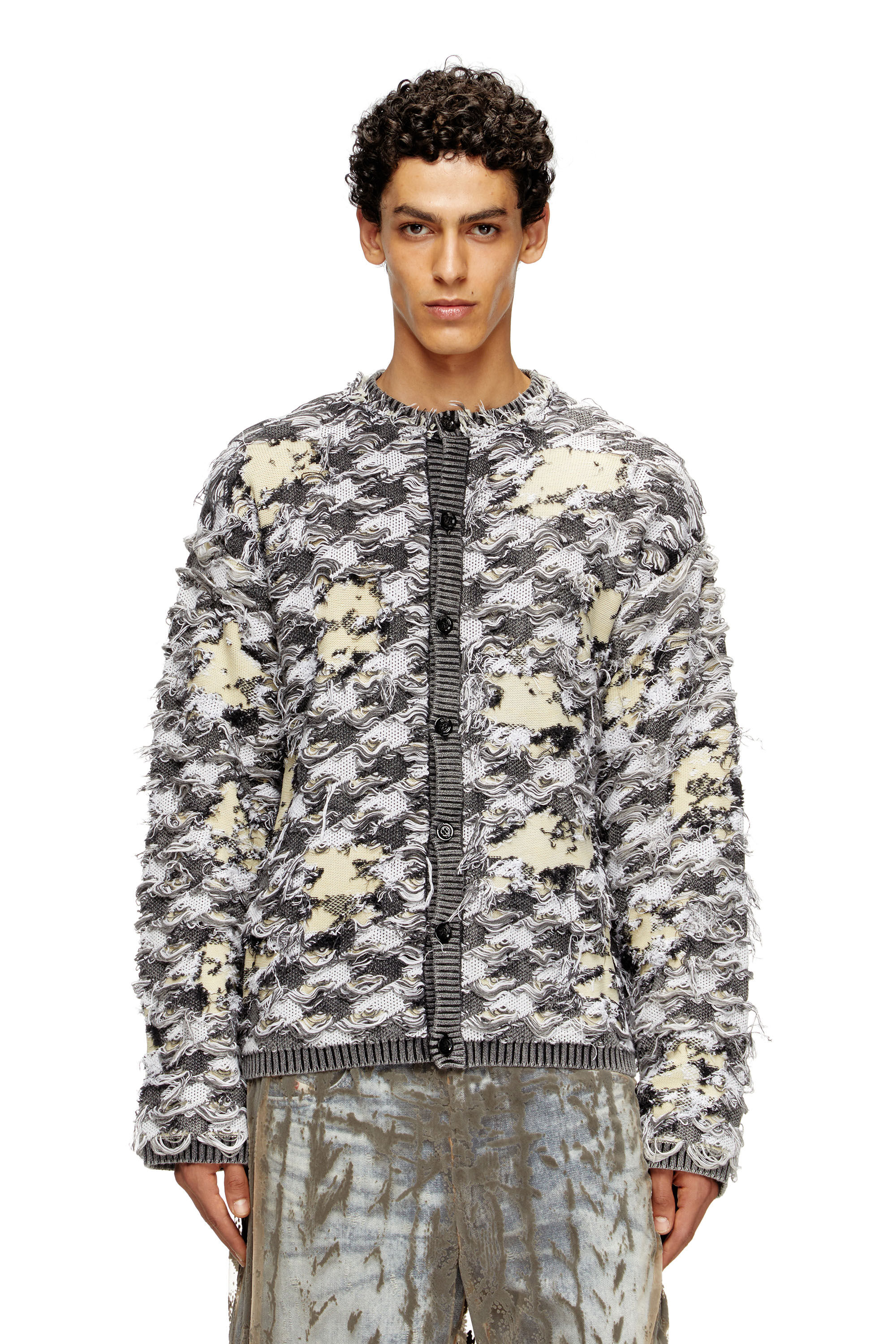 Diesel - K-VALBOR, Man's Cardigan in devoré houndstooth jacquard in Grey/White - 3