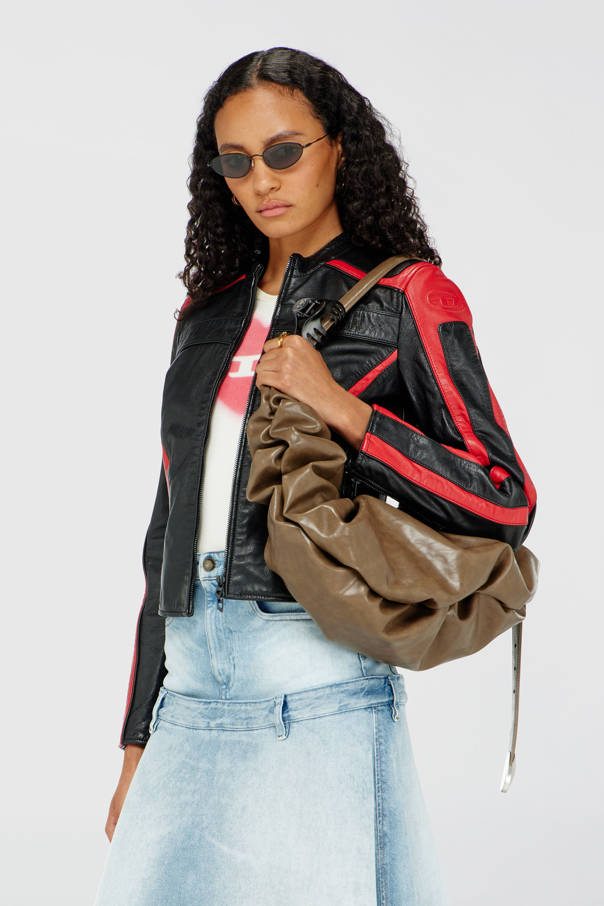 Diesel - L-OVABLE, Woman's Biker jacket in colour-block leather in Black/Red - 3
