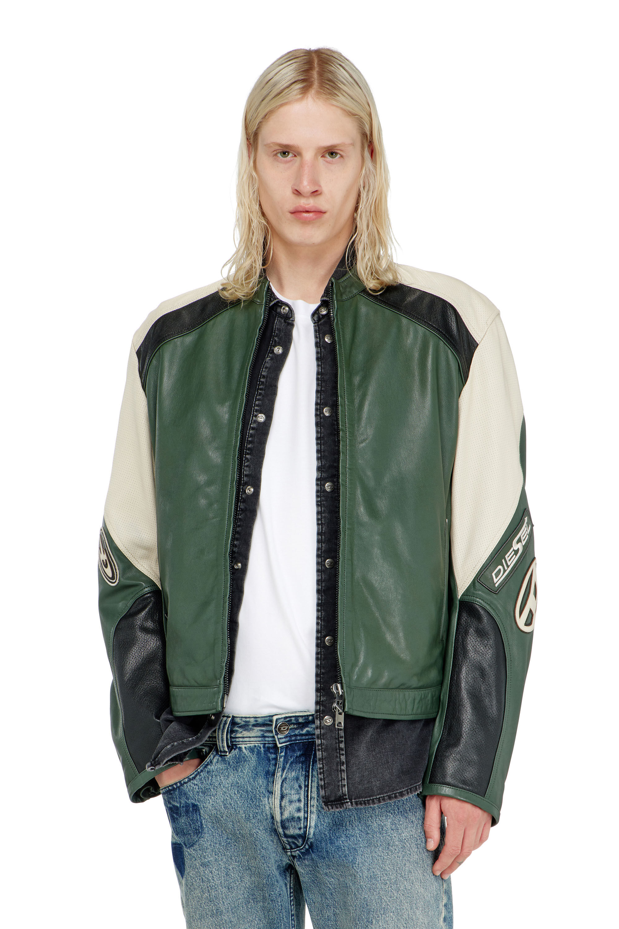 Men's Biker jacket in colour-block perforated leather | Multicolor