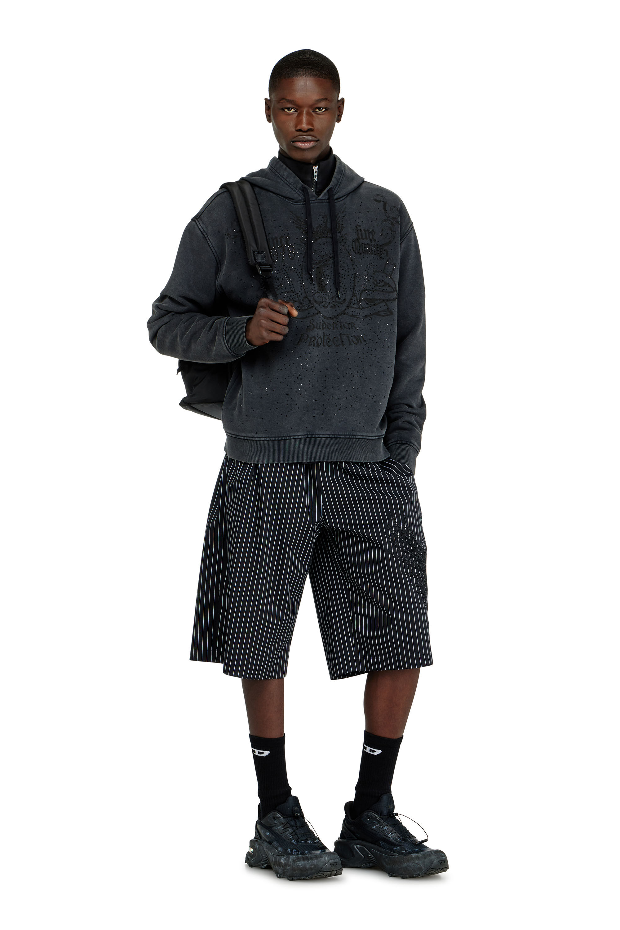 Diesel - S-NORM-HOOD-AA3, Man's Printed hoodie with rhinestone studs in Dark grey - 1