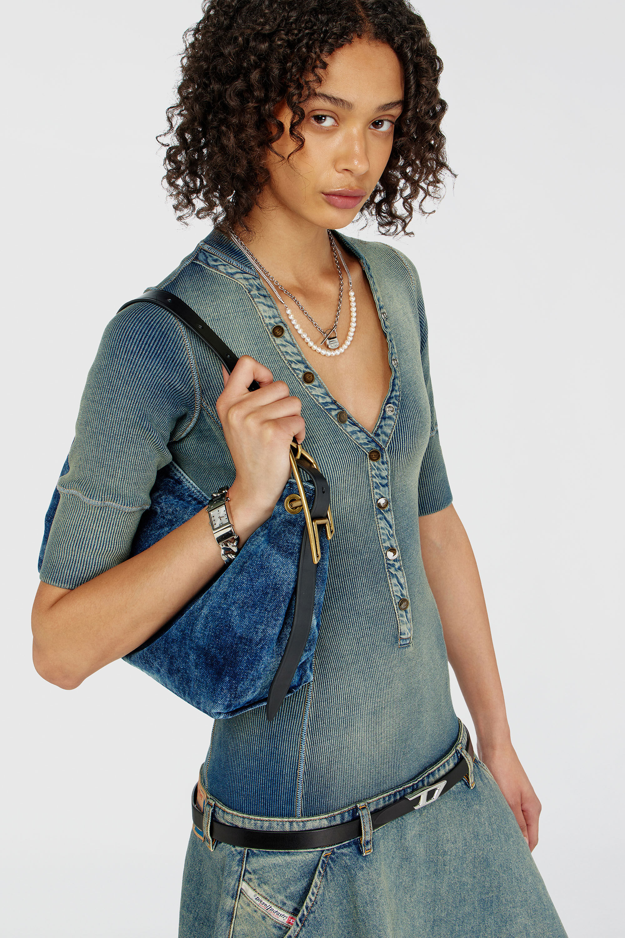Diesel - DE-ANIM-S, Woman's Drop-waist midi dress in knit and denim in Medium blue - 5