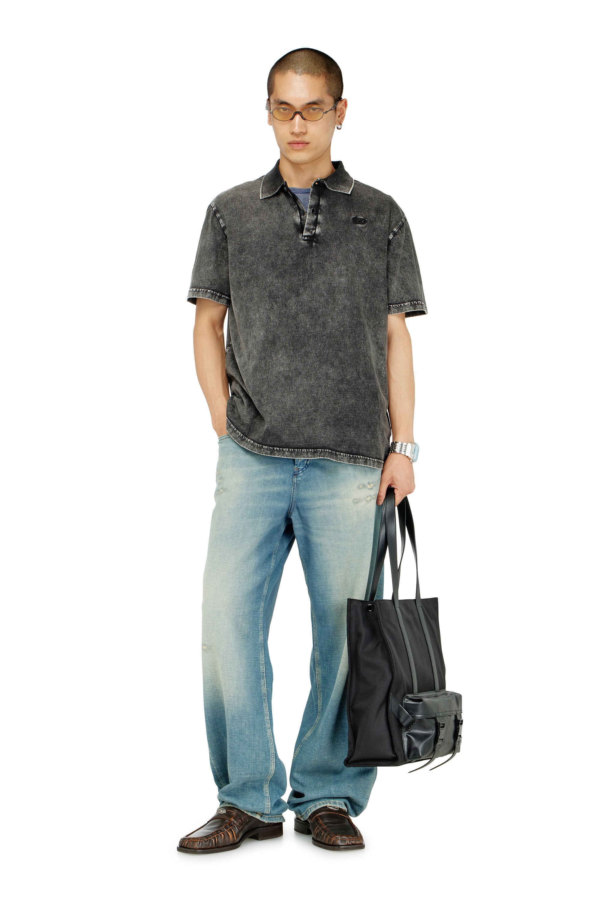 Diesel - T-REJUST-NC-DEN, Man's Polo shirt in denim-effect jersey in Dark grey - 1