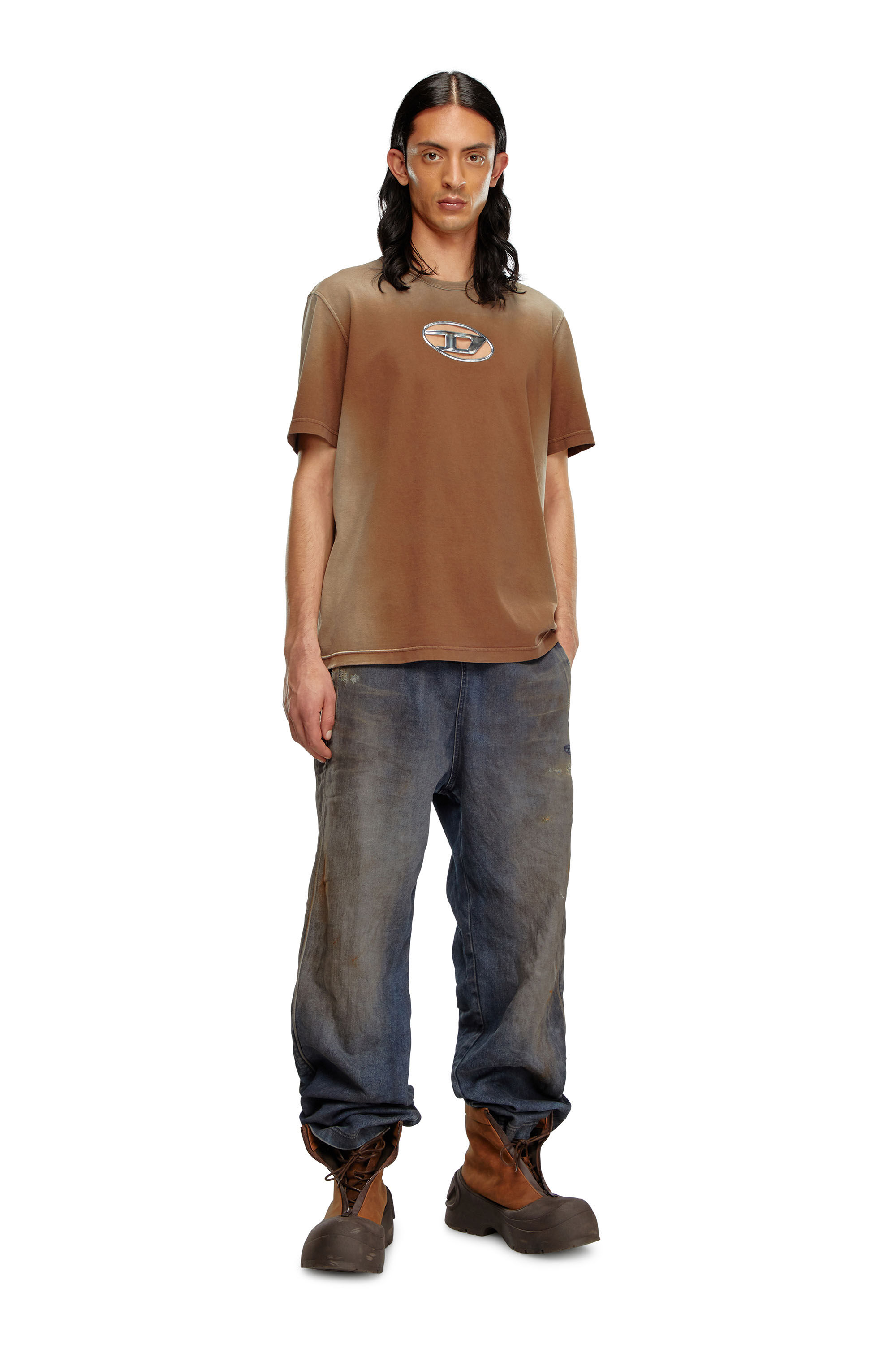 【DIESEL】T-Adjust-Q8 Men's Faded T-shirt with cut-out Oval D logo | Black | Diesel