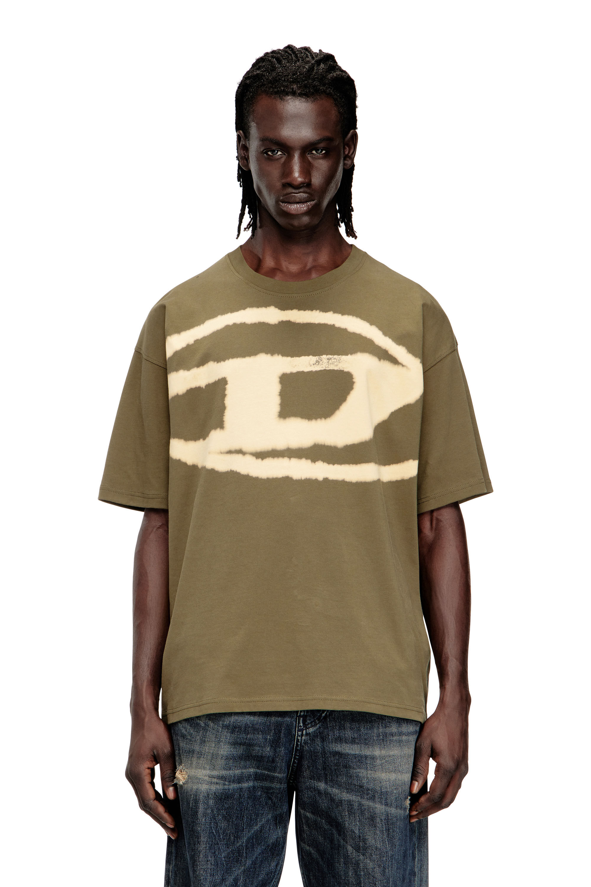 Men's T-shirt with bleached Oval D logo | Green | Diesel FI
