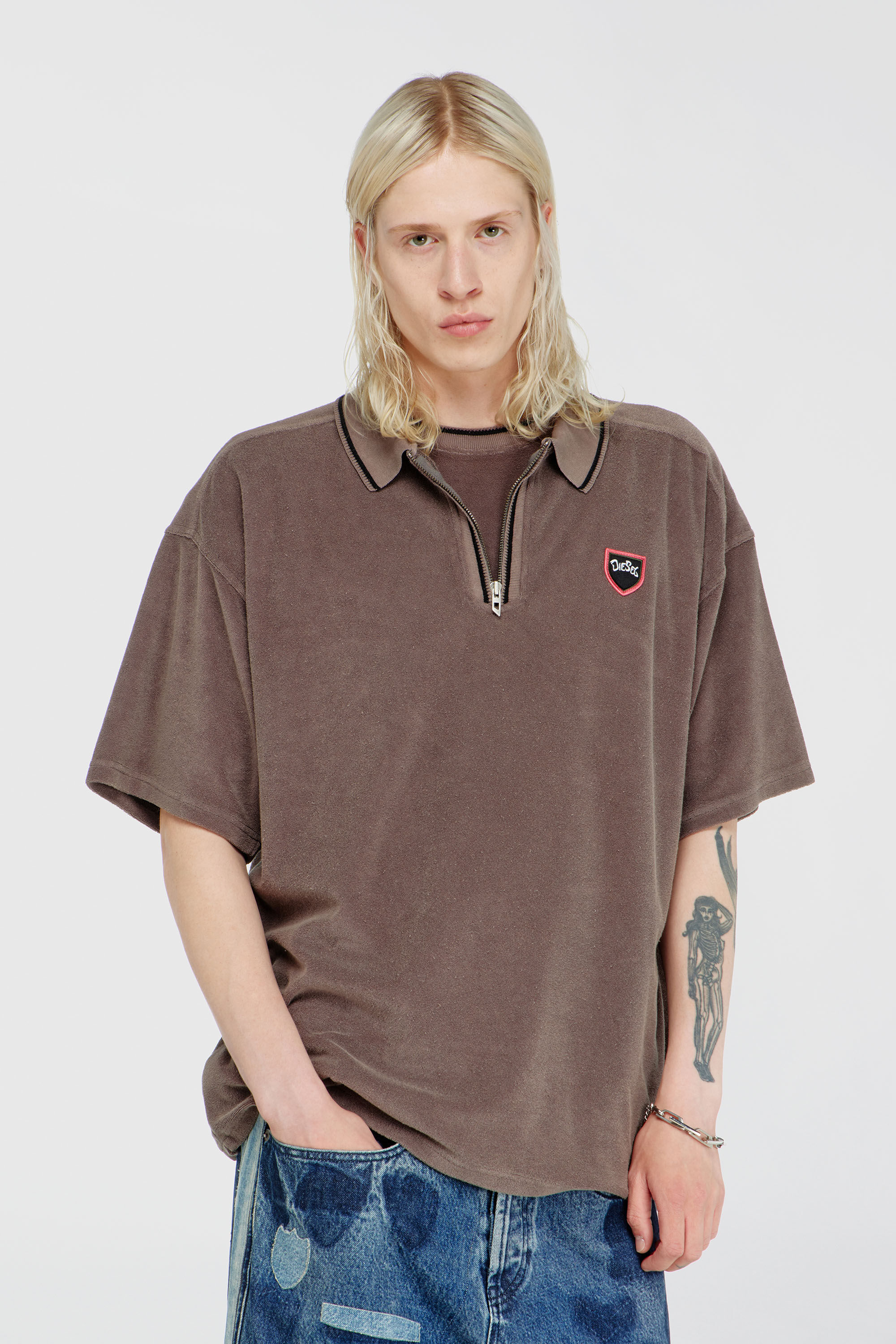 Diesel - T-SPONGY-ZIP, Man's Chenille polo shirt with shield patch in Brown - 3