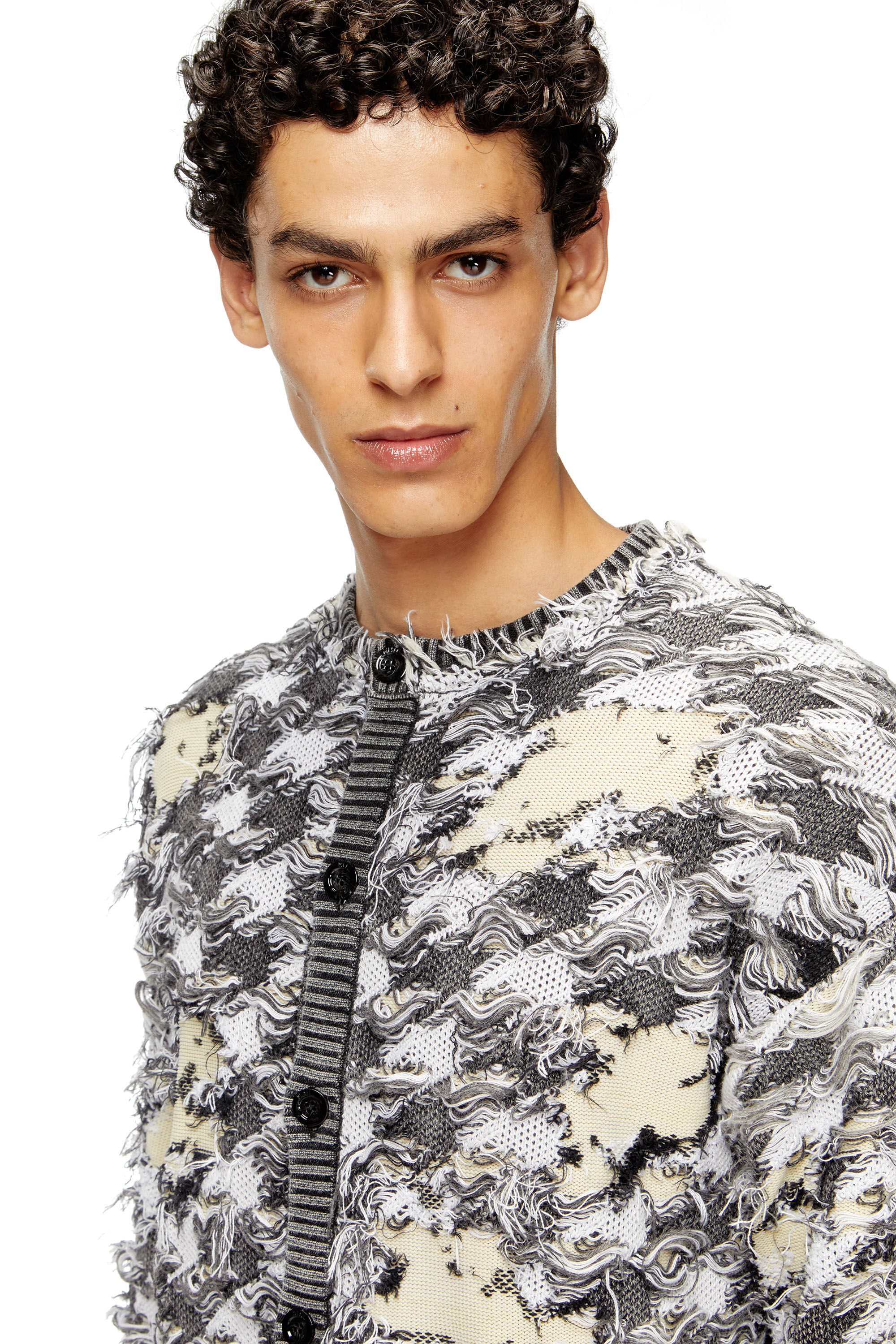Diesel - K-VALBOR, Man's Cardigan in devoré houndstooth jacquard in Grey/White - 5