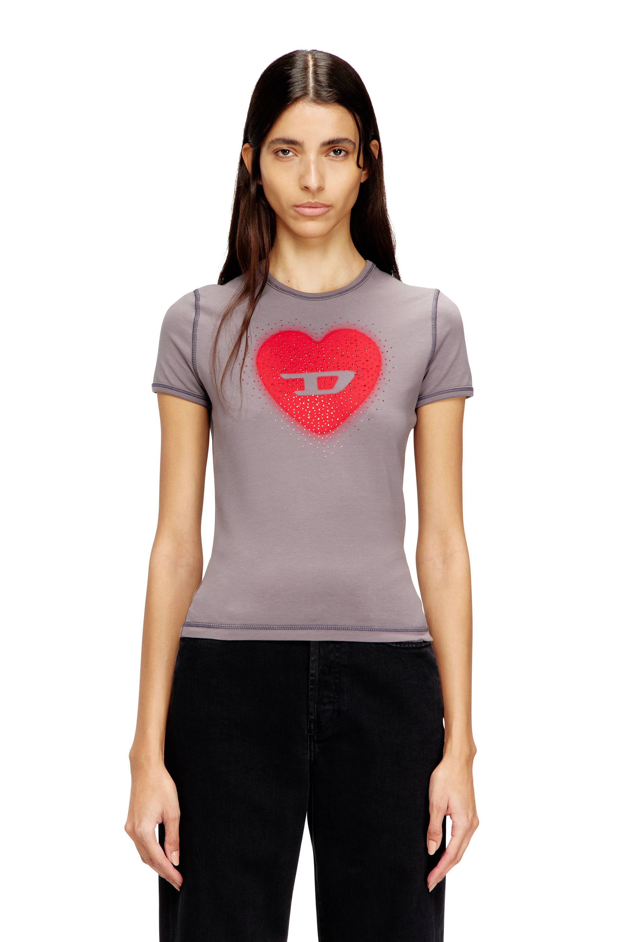 Women's Slim T-shirt with heart print and studs | Grey | Diesel