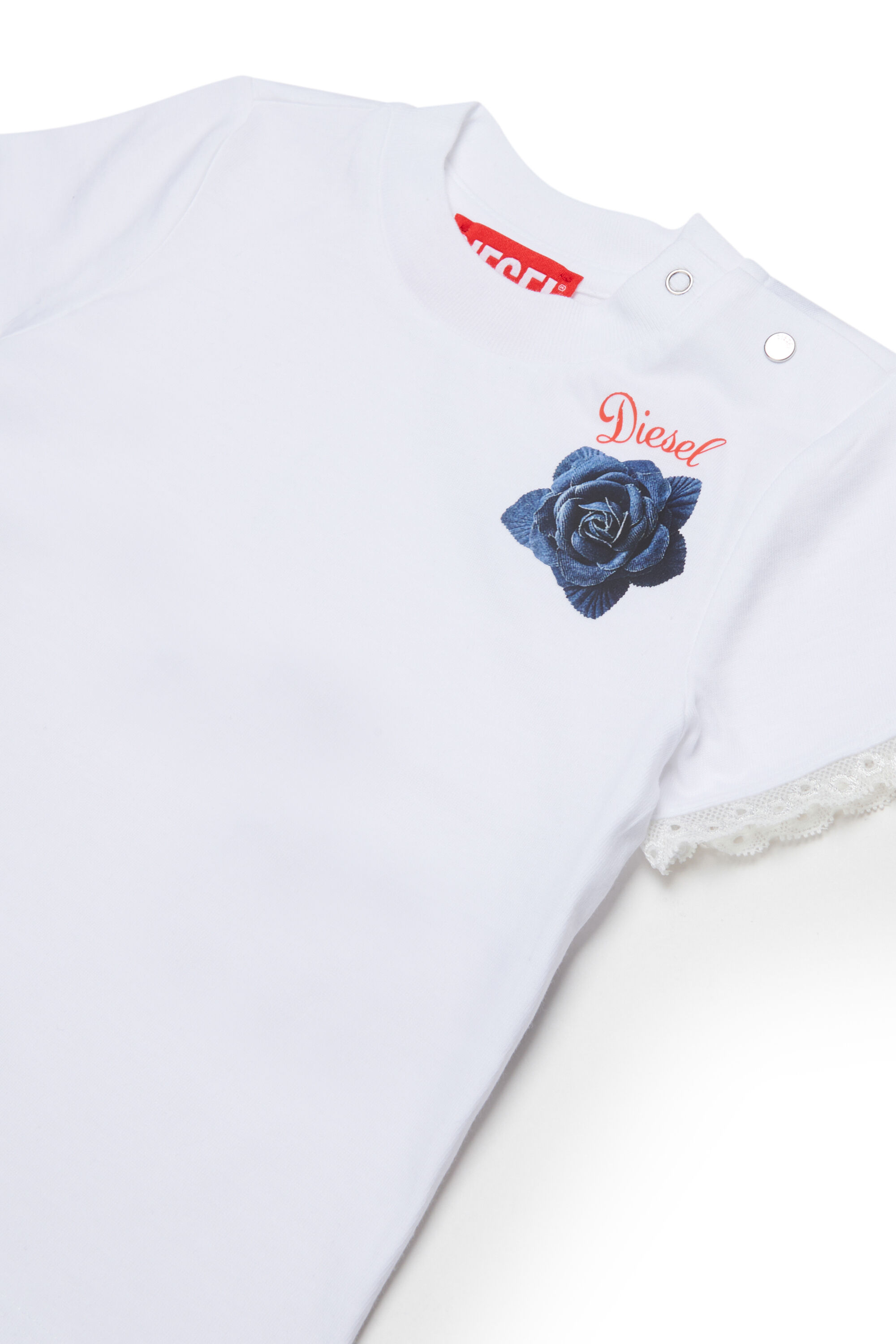 Diesel - TROSEZB, Woman's Lace-trimmed T-shirt with rose print in White - 3