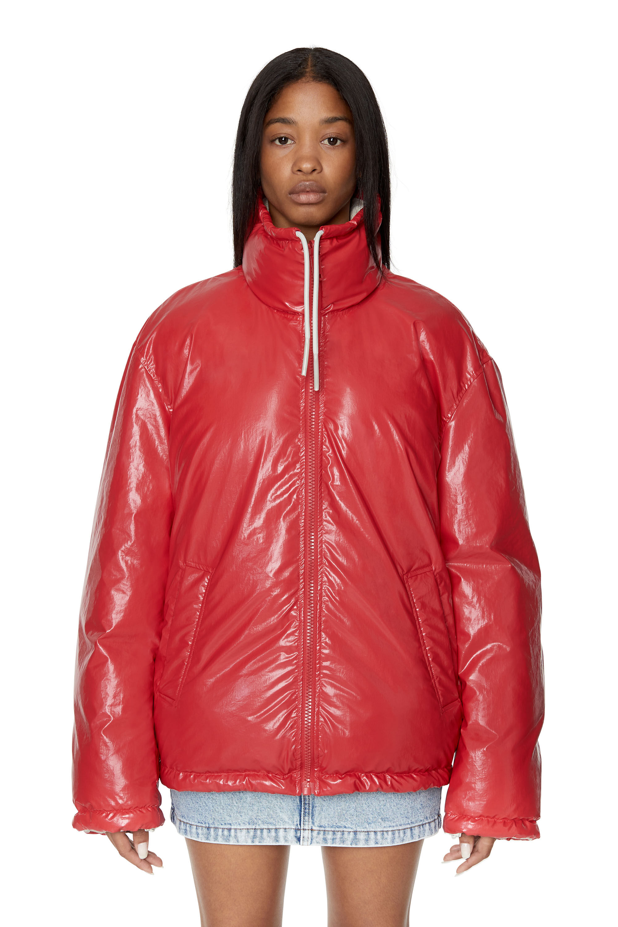 Red leather puffer jacket on sale
