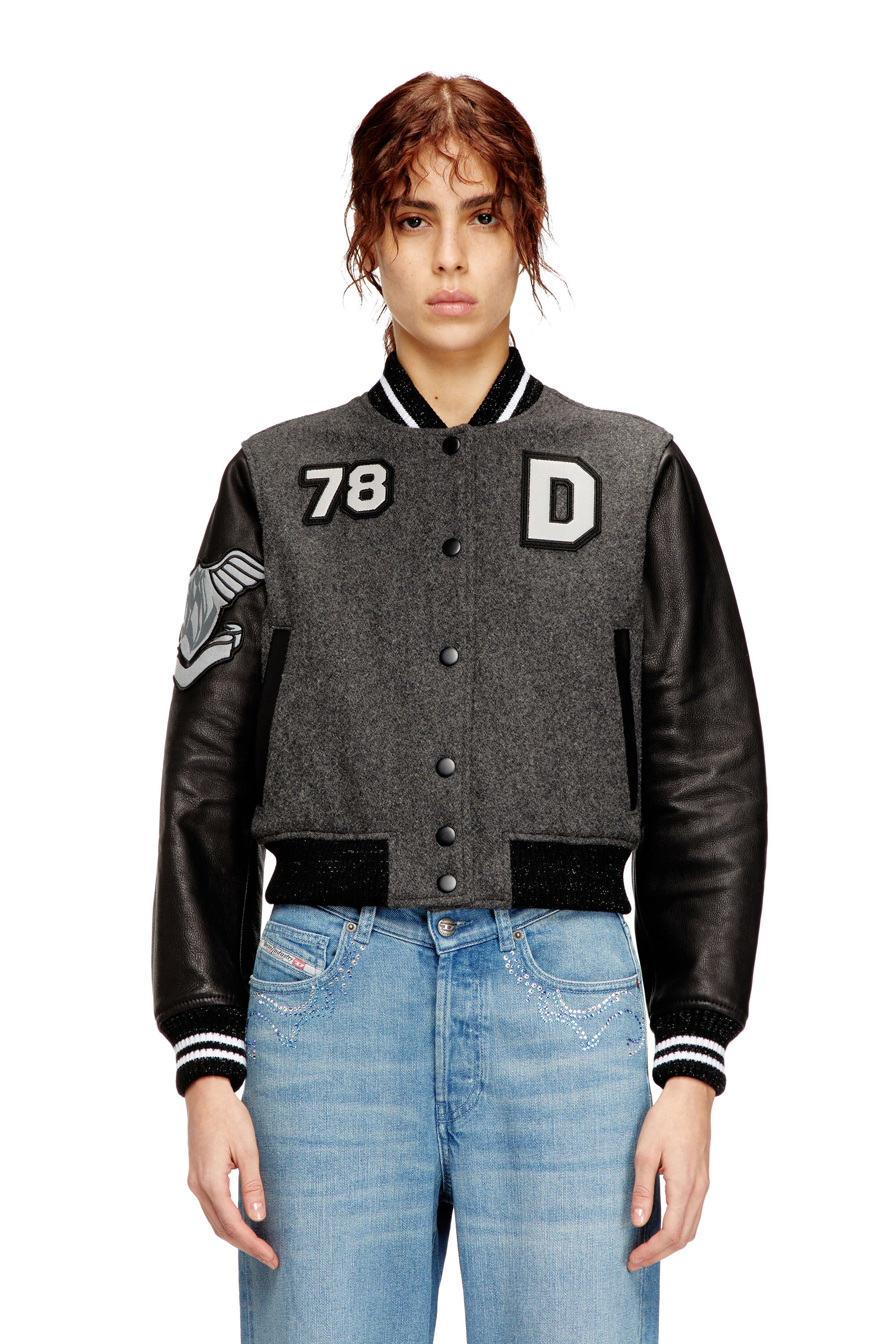 Women's Cropped varsity jacket in wool and leather | Multicolor