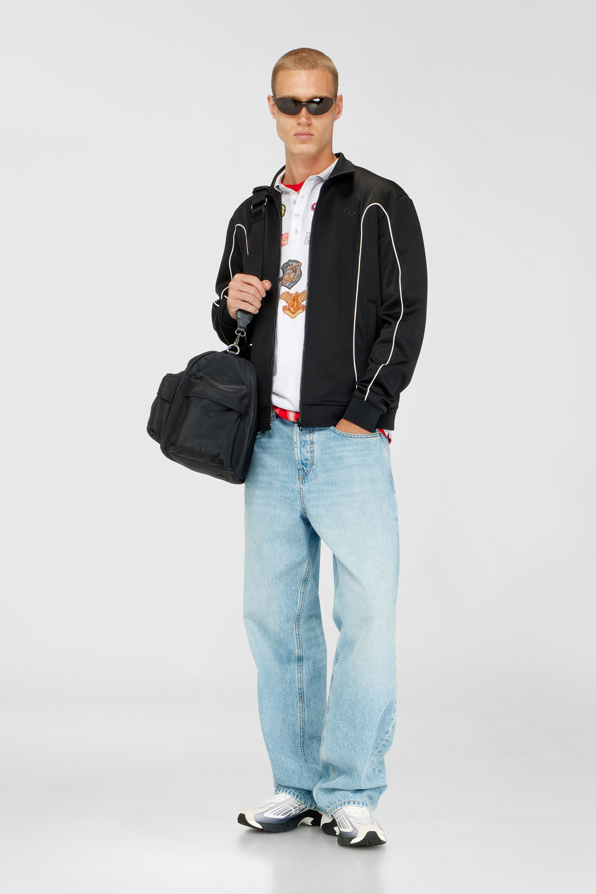 Diesel - S-LOCKING-DO, Man's Sweat fabric track jacket with contrast piping in Black - 1