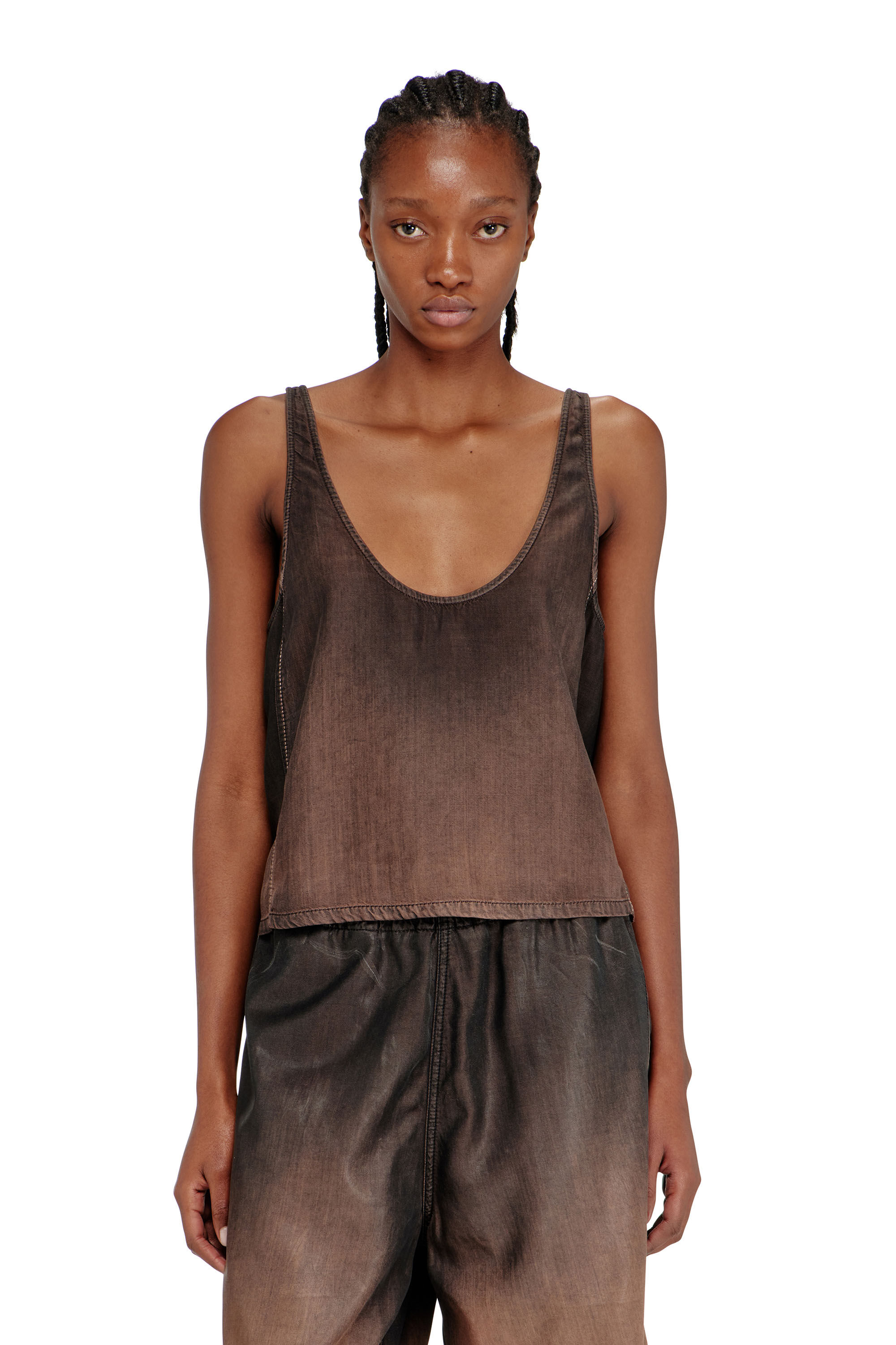 Diesel - DE-NORIAN-S, Woman's Tank top in fluid coated denim in Brown - 3