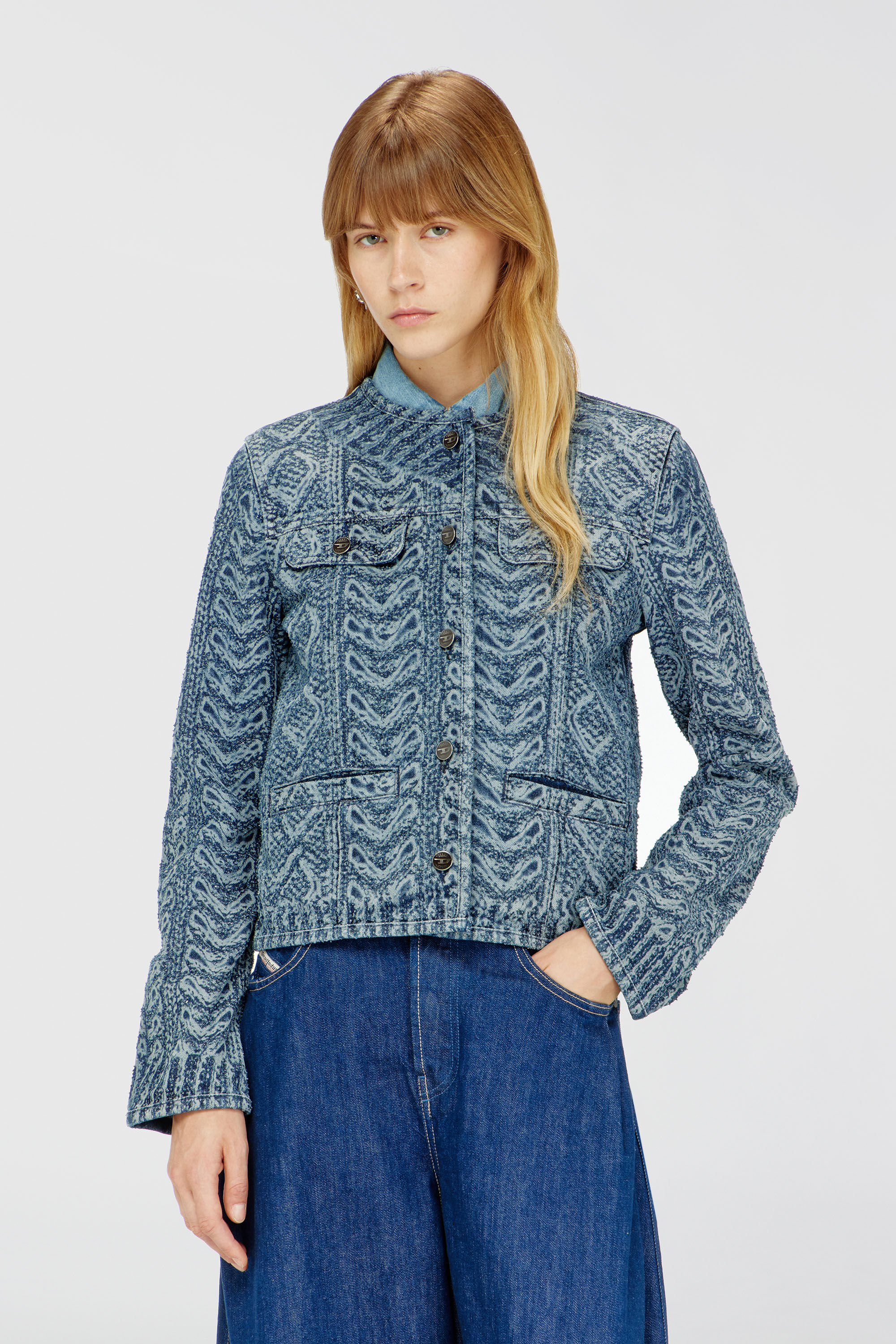 Diesel - DE-GRAFY-S2, Woman's Collarless jacket in cable-knit-effect denim in Medium blue - 3