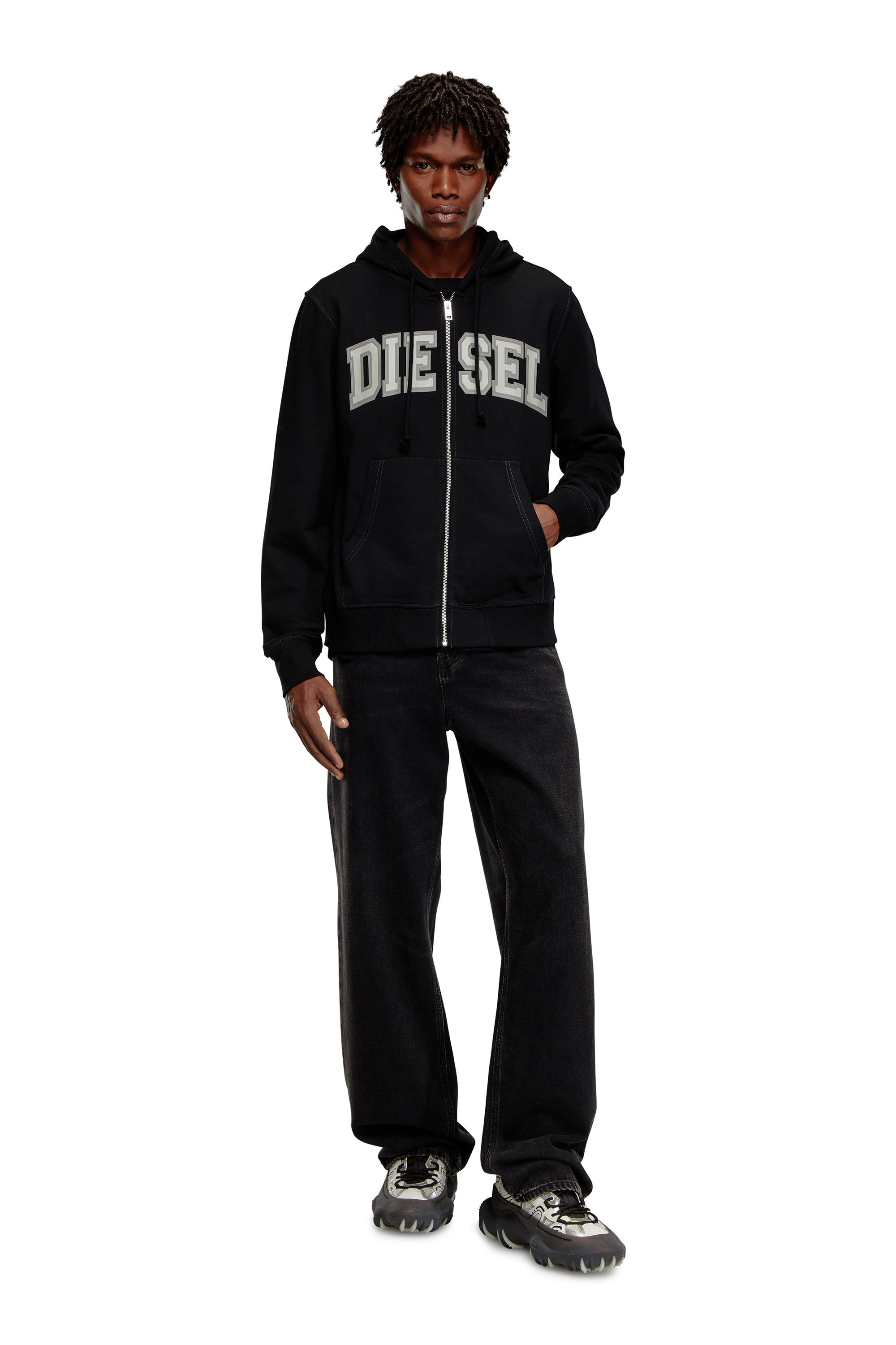 Men's Zip-up hoodie with collegiate graphics | Black | Diesel FI