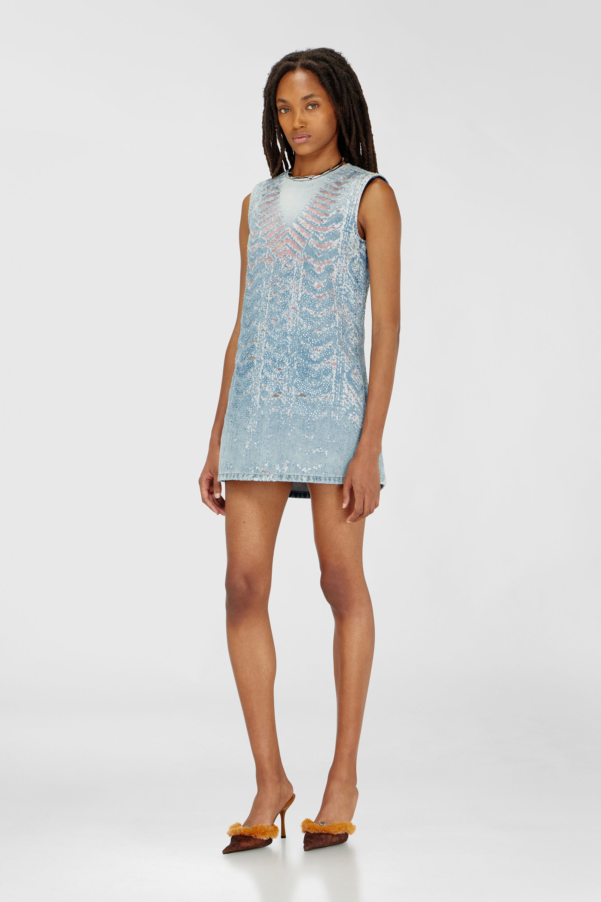 Diesel - DE-MYRELA-S, Woman's Mini dress in microstone devor&eacute; denim in Light Blue - 3