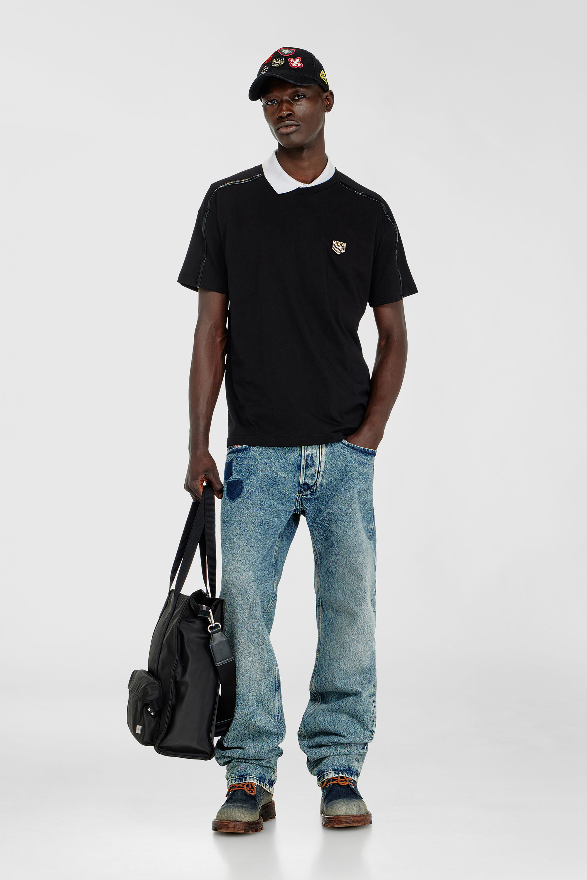 Diesel - T-NORM-FL, Man's T-shirt with contrast trims and logo patch in Black - 1