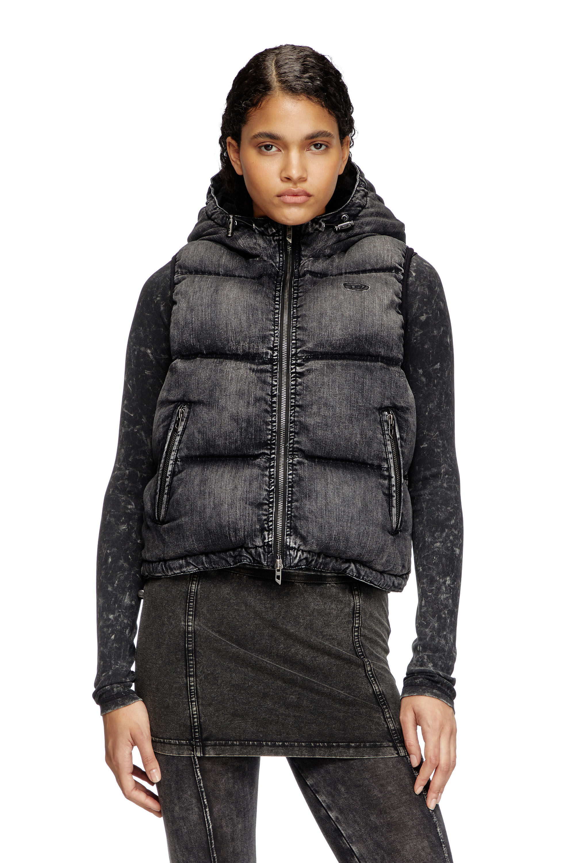 Women's Hooded puffer vest in faded denim | Black | Diesel {{Country}}