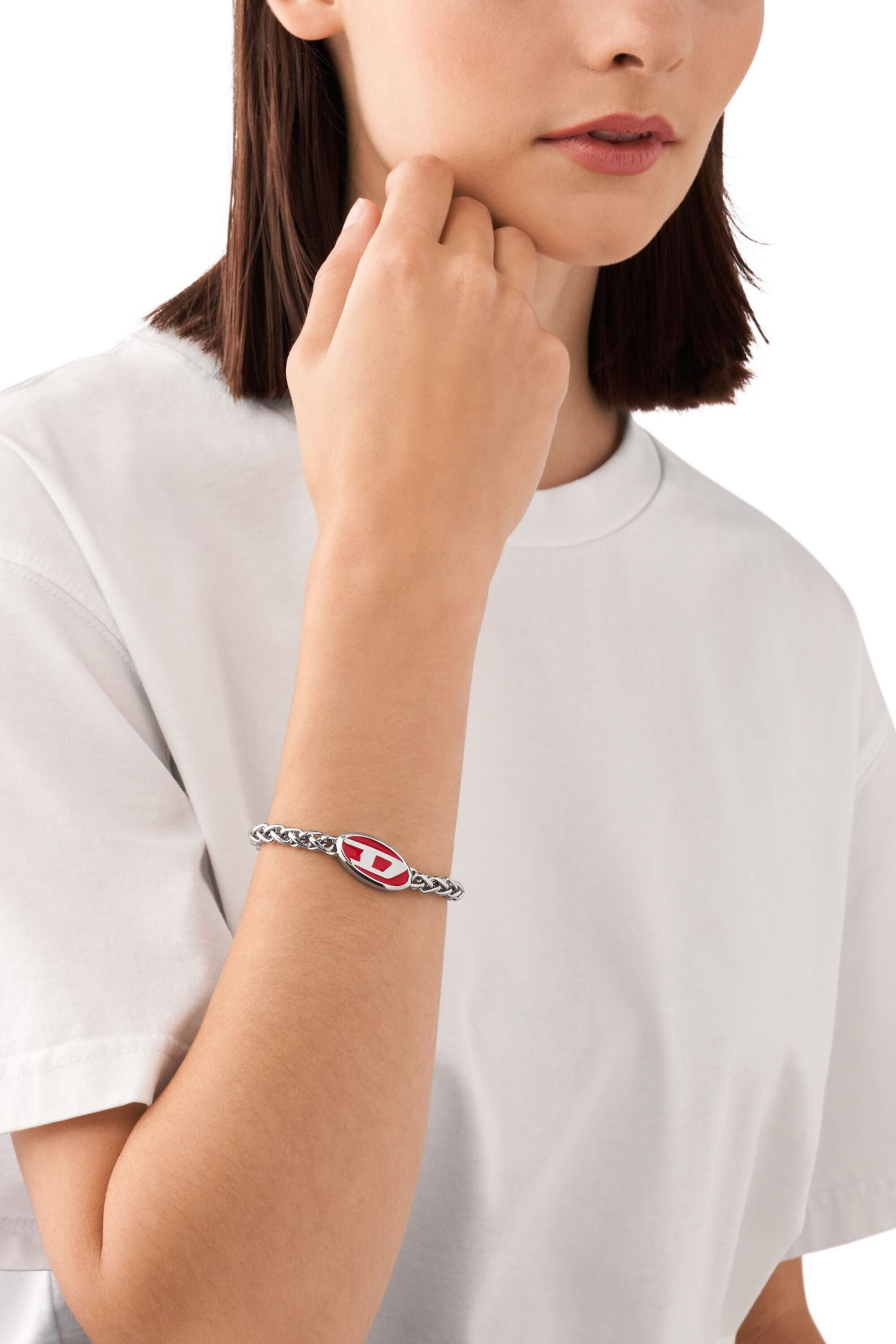 Women's Red enamel and stainless steel chain bracelet | Silver