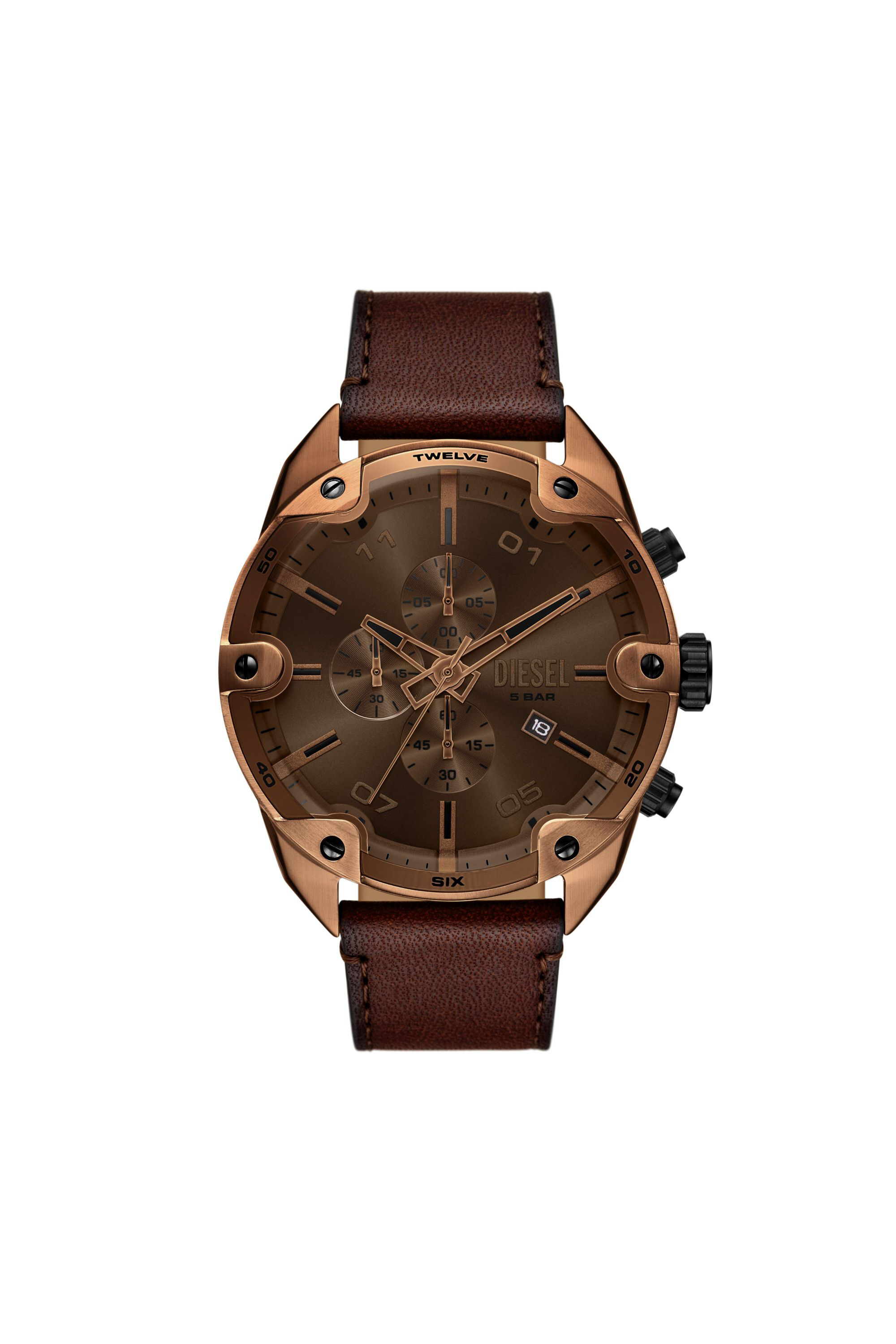 Men's Spiked brown leather watch | Brown | Diesel