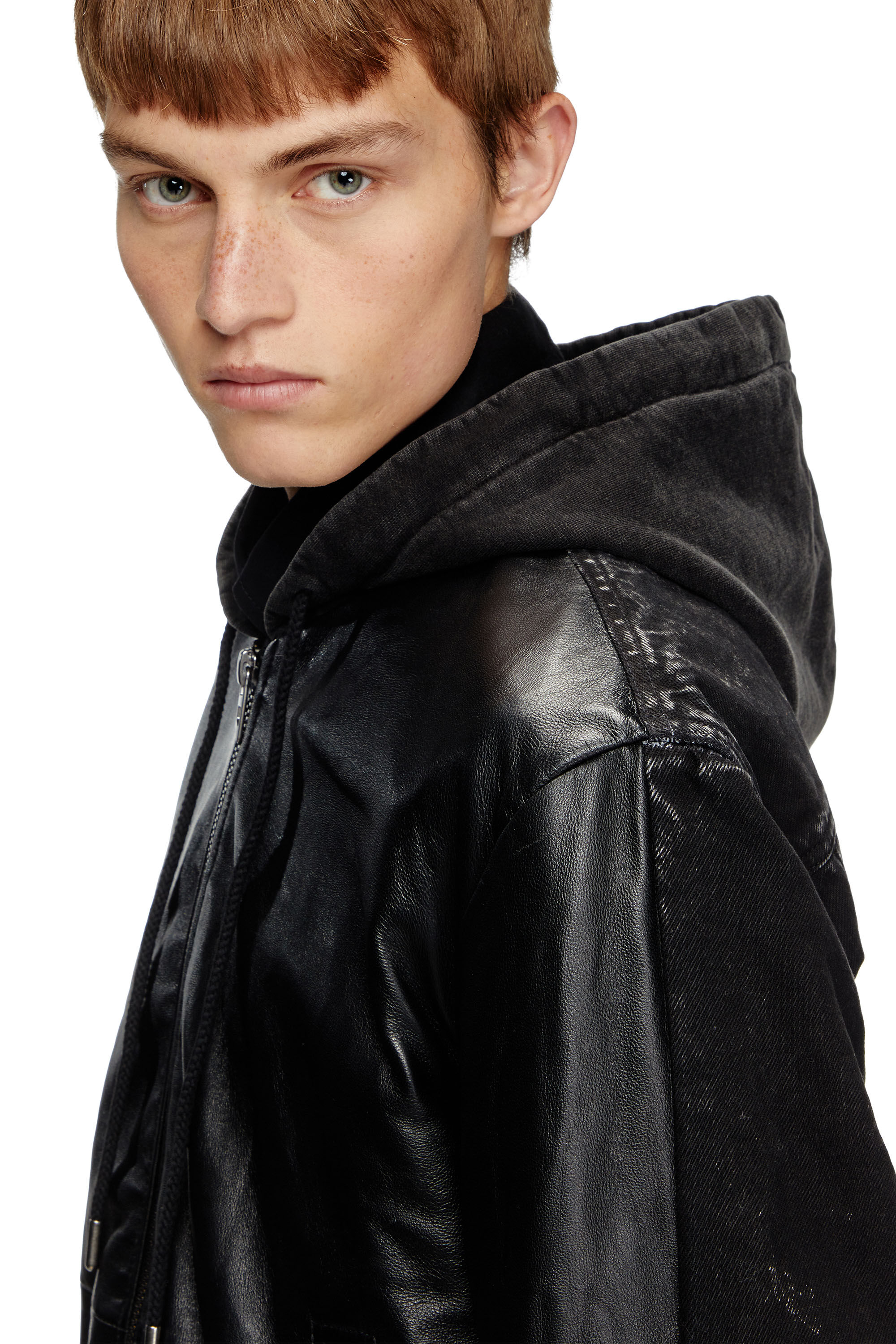 ジャケット・アウター DIESEL leather hoodie jacket black Men's Hooded jacket in leather, cotton and denim | Black | Diesel