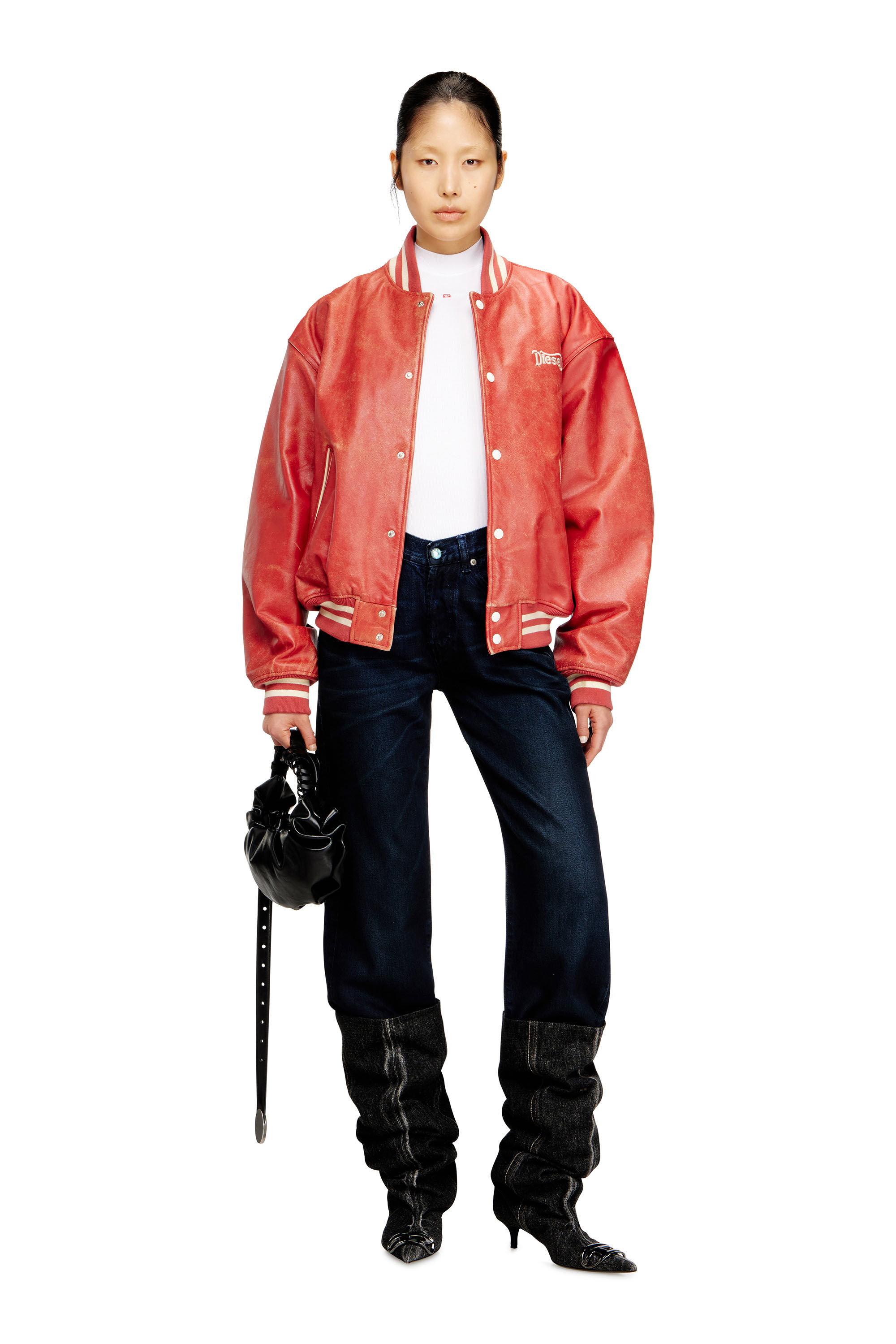 Women's Leather bomber jacket with Diesel logo | Red | Diesel