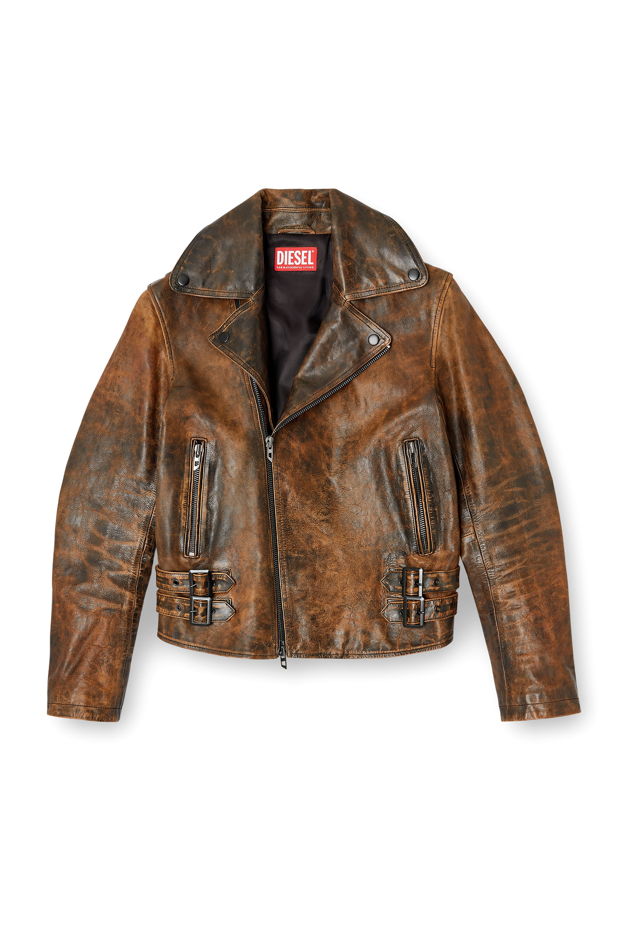 Diesel - L-EON, Man's Biker jacket in treated leather in Brown - 2